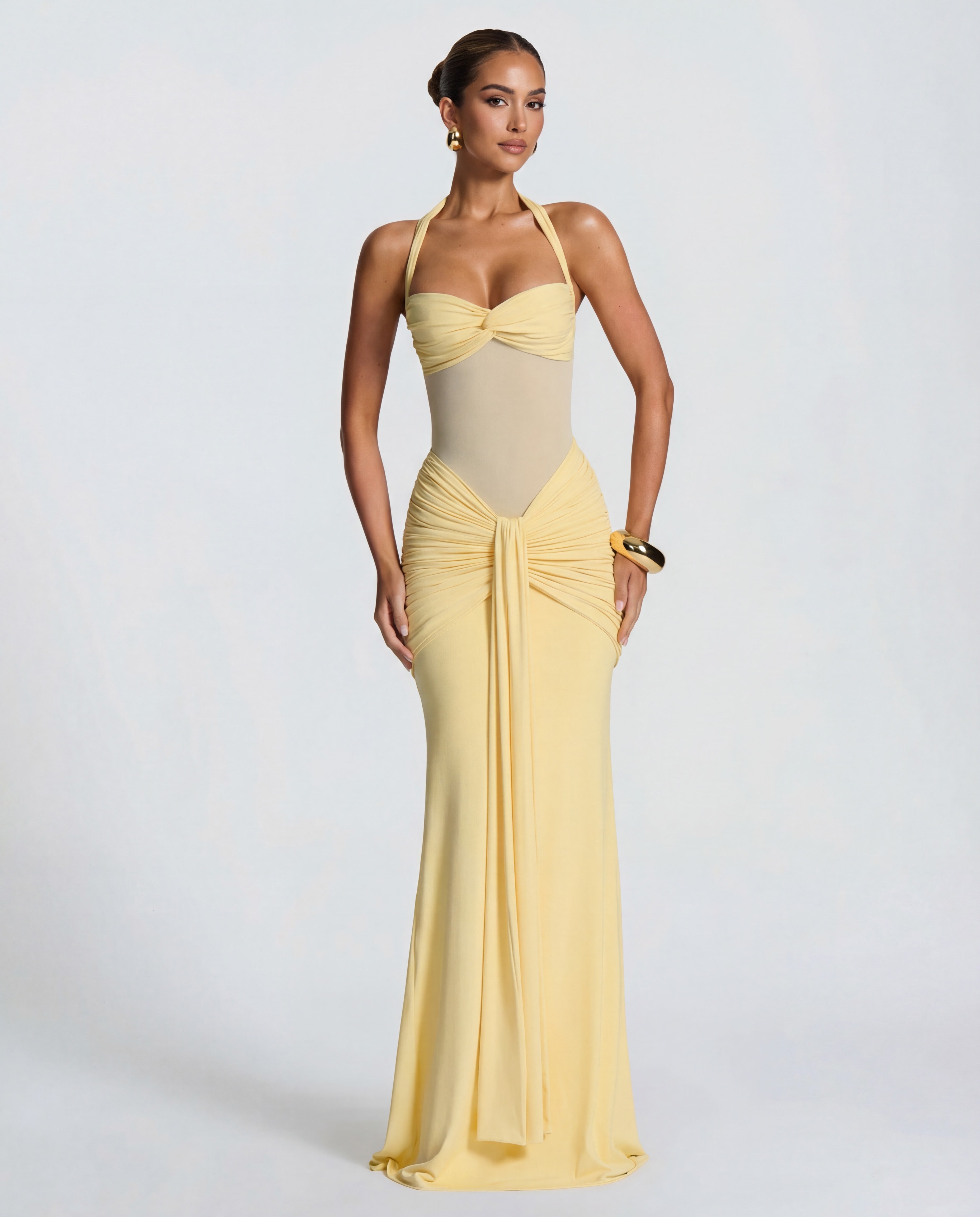 Twisted Bust Sheer Mesh Maxi Dress - Elegant Evening Wear for Special Occasions