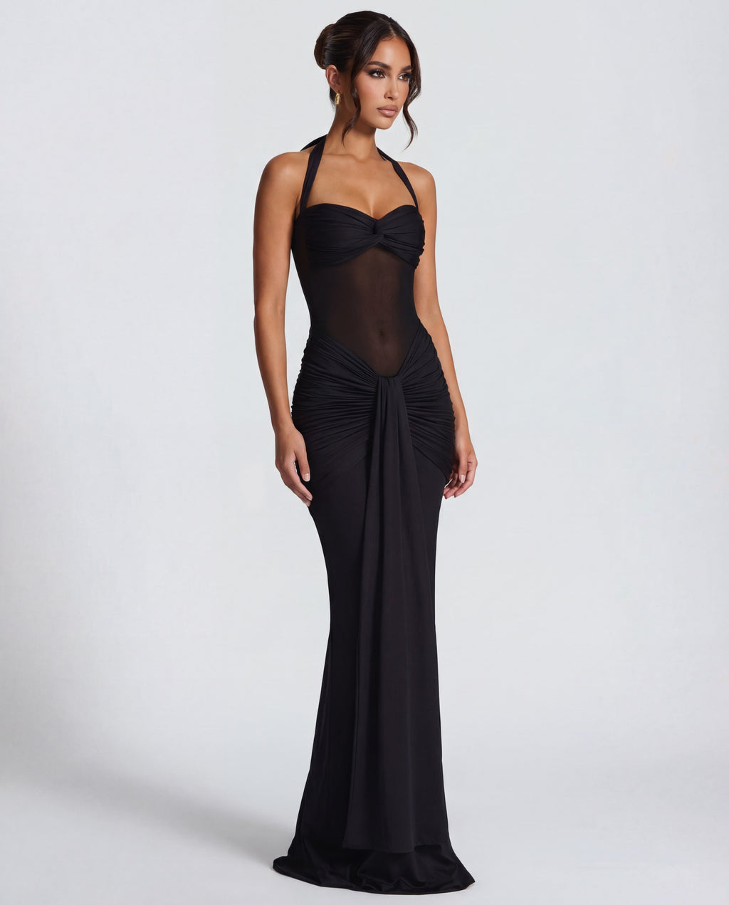 Twisted Bust Sheer Mesh Maxi Dress - Elegant Evening Wear for Special Occasions