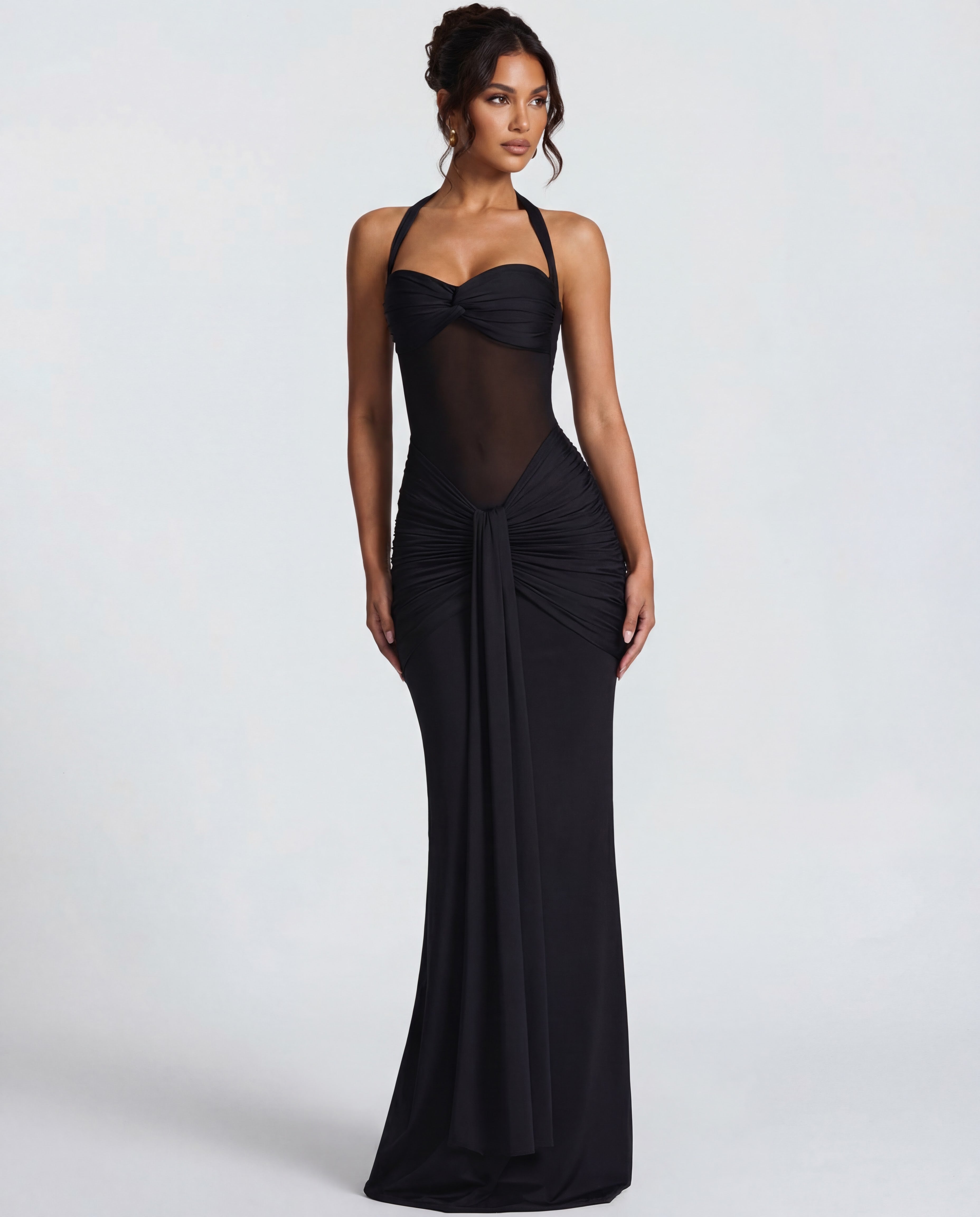 Twisted Bust Sheer Mesh Maxi Dress - Elegant Evening Wear for Special Occasions