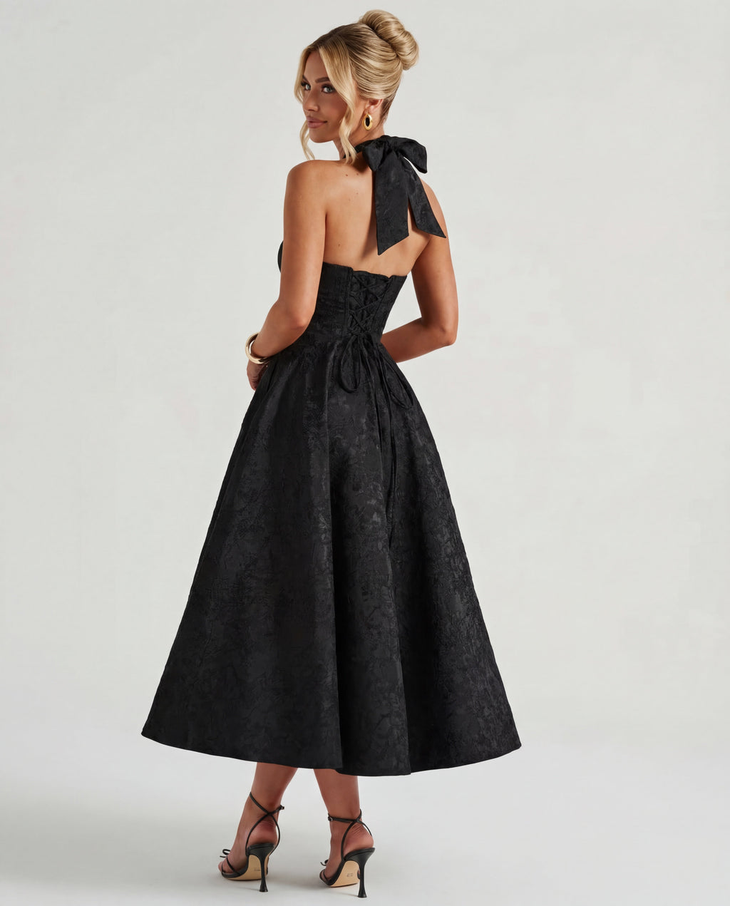 Halterneck Textured Jacquard Midi Dress for Evening Events