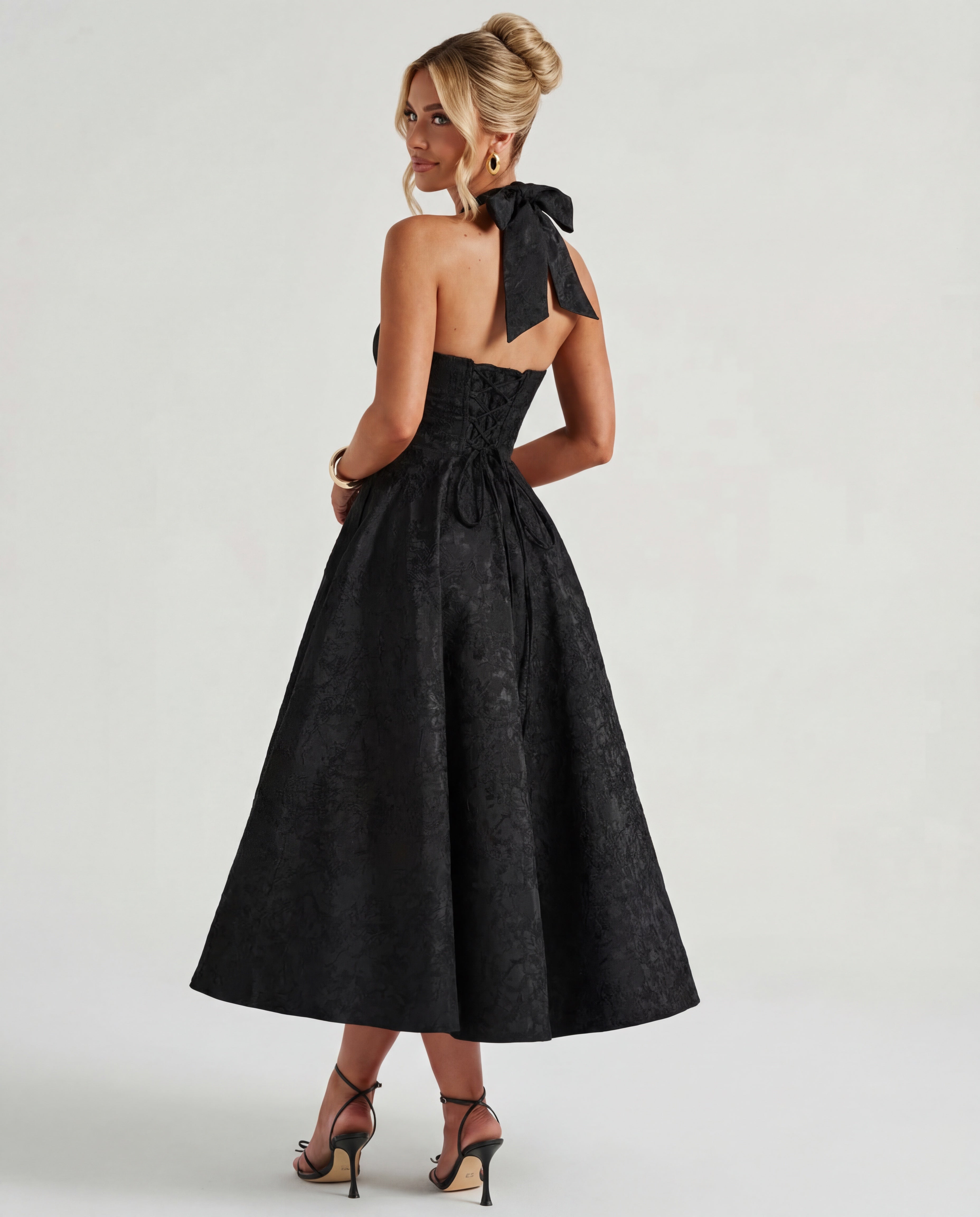 Halterneck Textured Jacquard Midi Dress for Evening Events