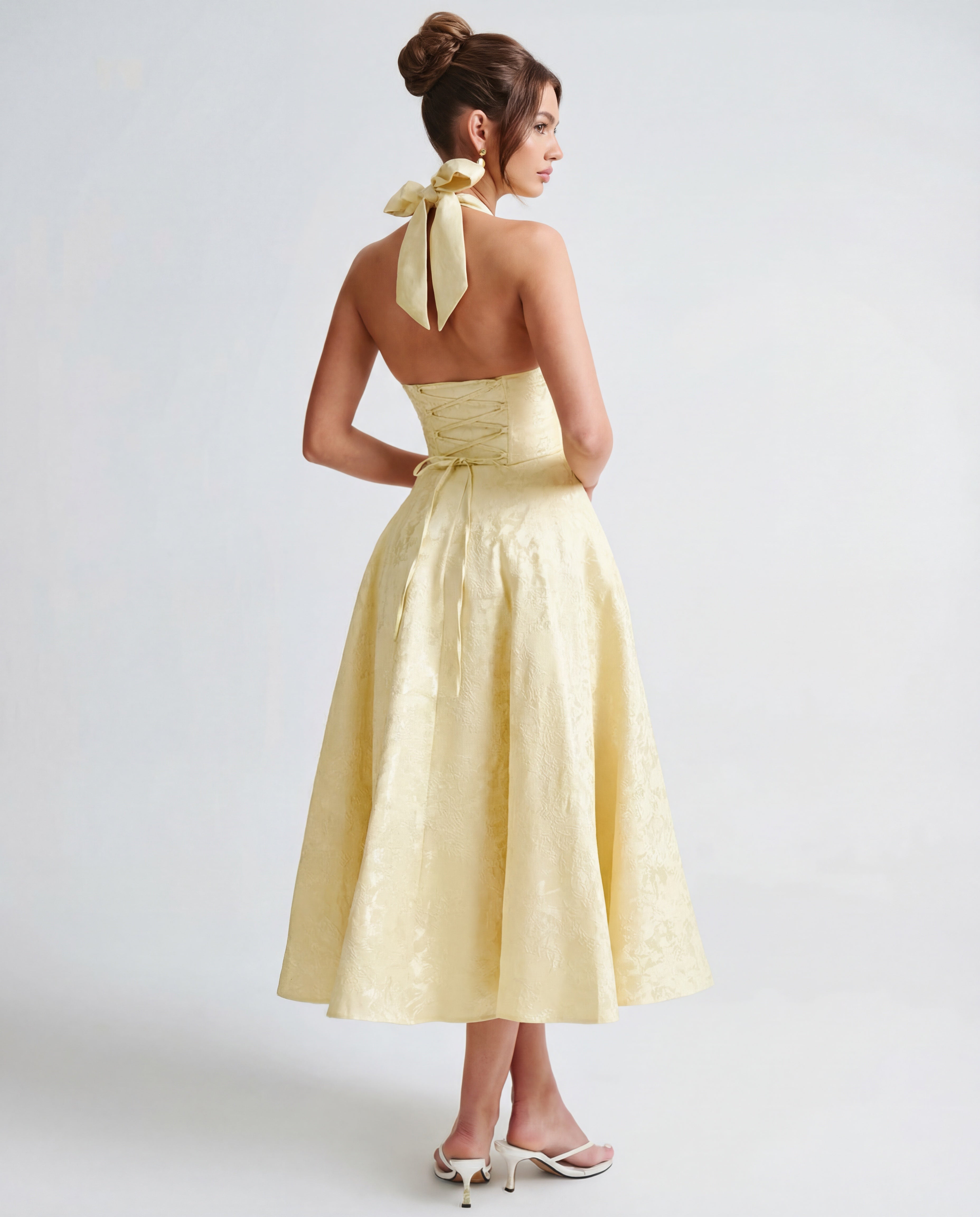 Halterneck Textured Jacquard Midi Dress for Evening Events