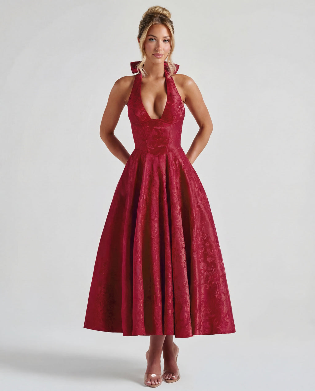 Halterneck Textured Jacquard Midi Dress for Evening Events