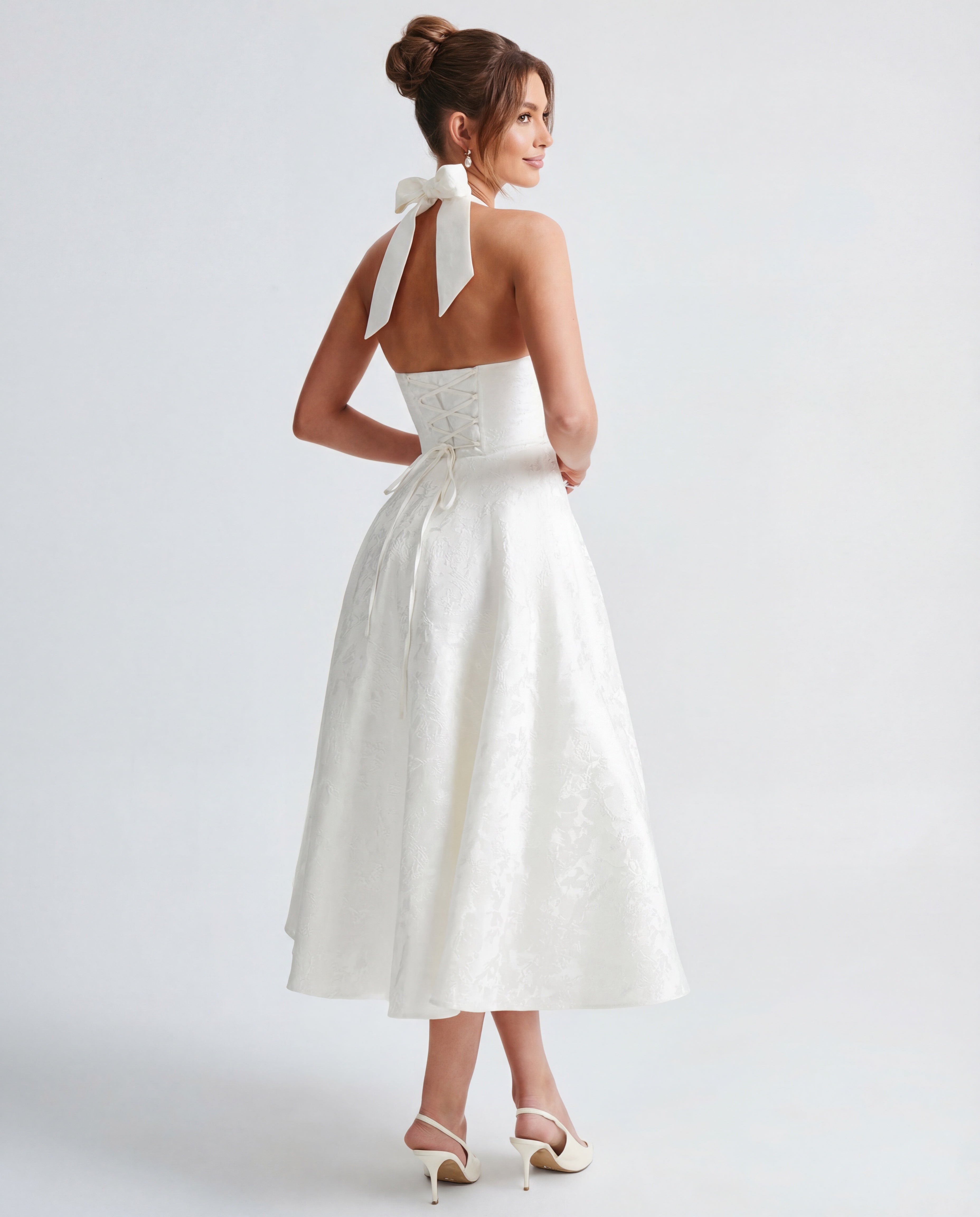 Halterneck Textured Jacquard Midi Dress for Evening Events