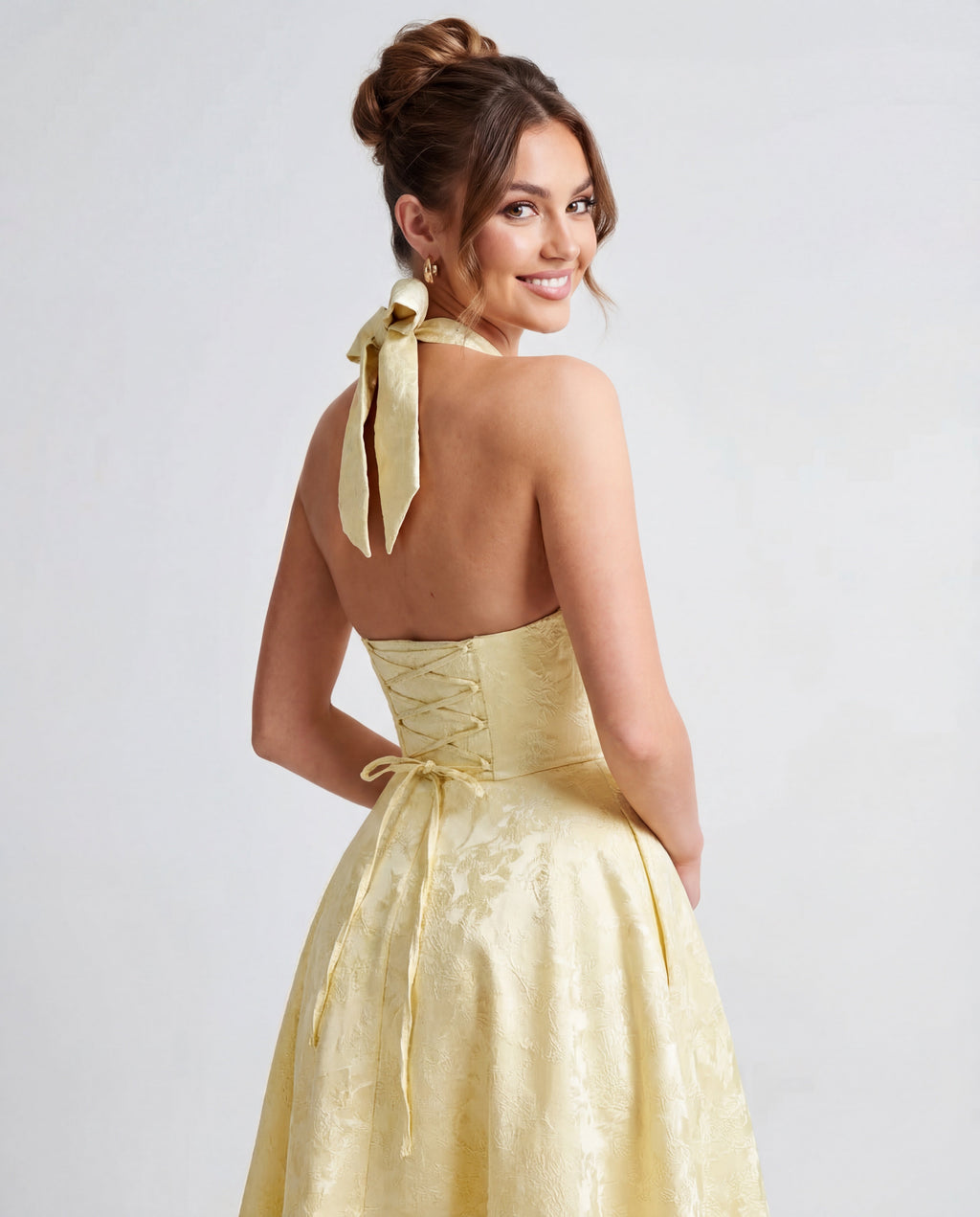 Halterneck Textured Jacquard Midi Dress for Evening Events