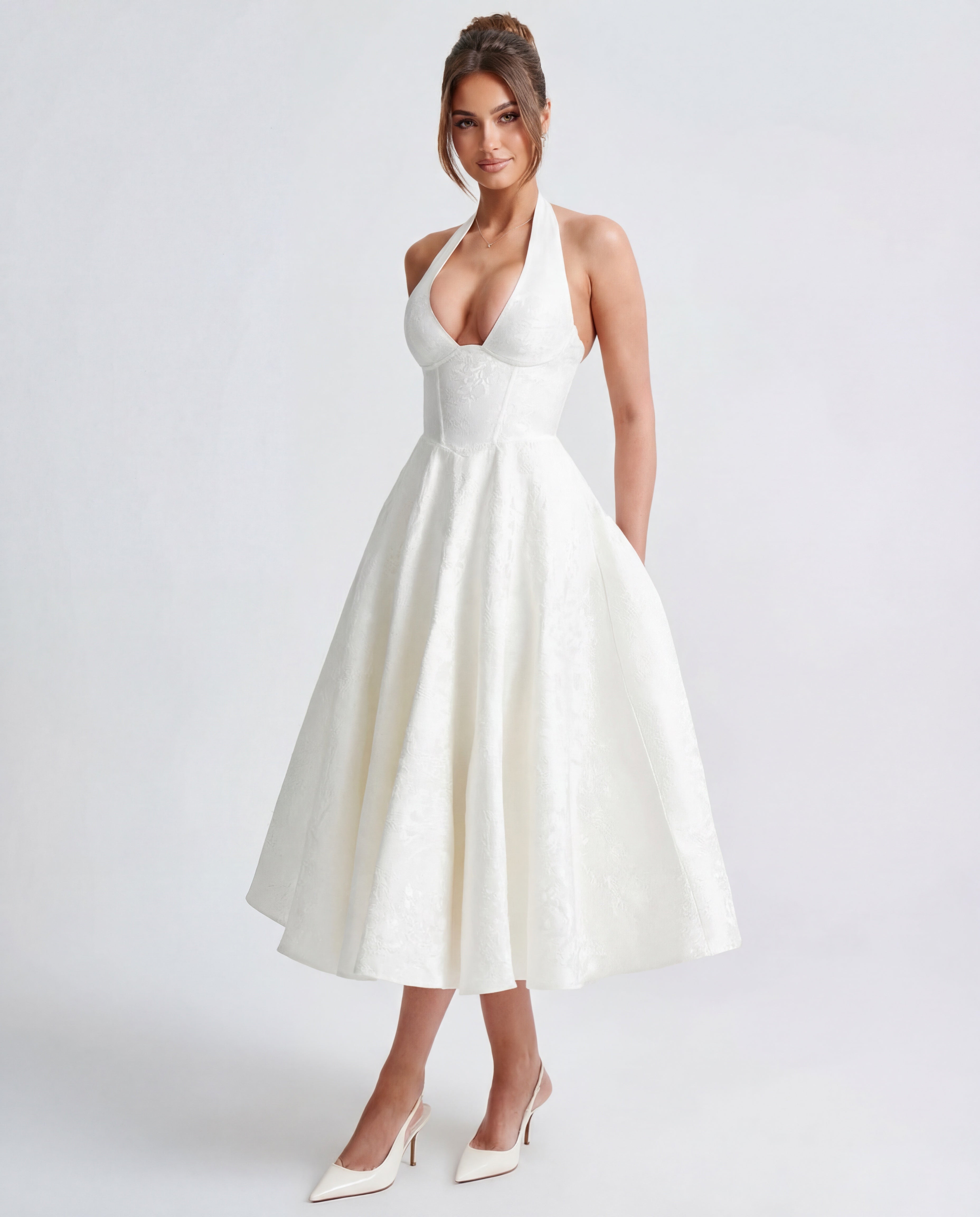 Halterneck Textured Jacquard Midi Dress for Evening Events