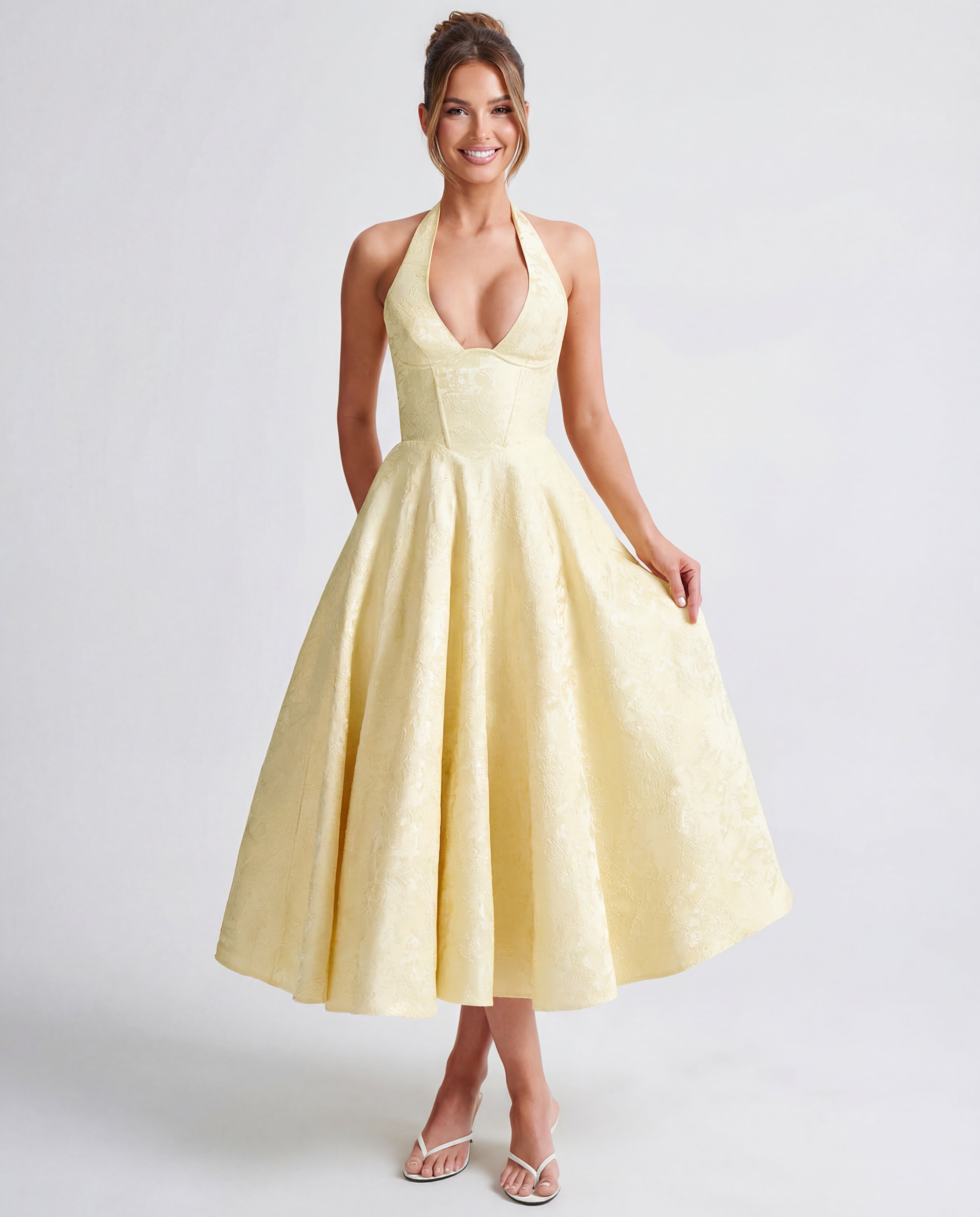 Halterneck Textured Jacquard Midi Dress for Evening Events