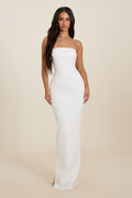 White Strapless Maxi Dress with Sculpted Design for Formal or Casual Wear