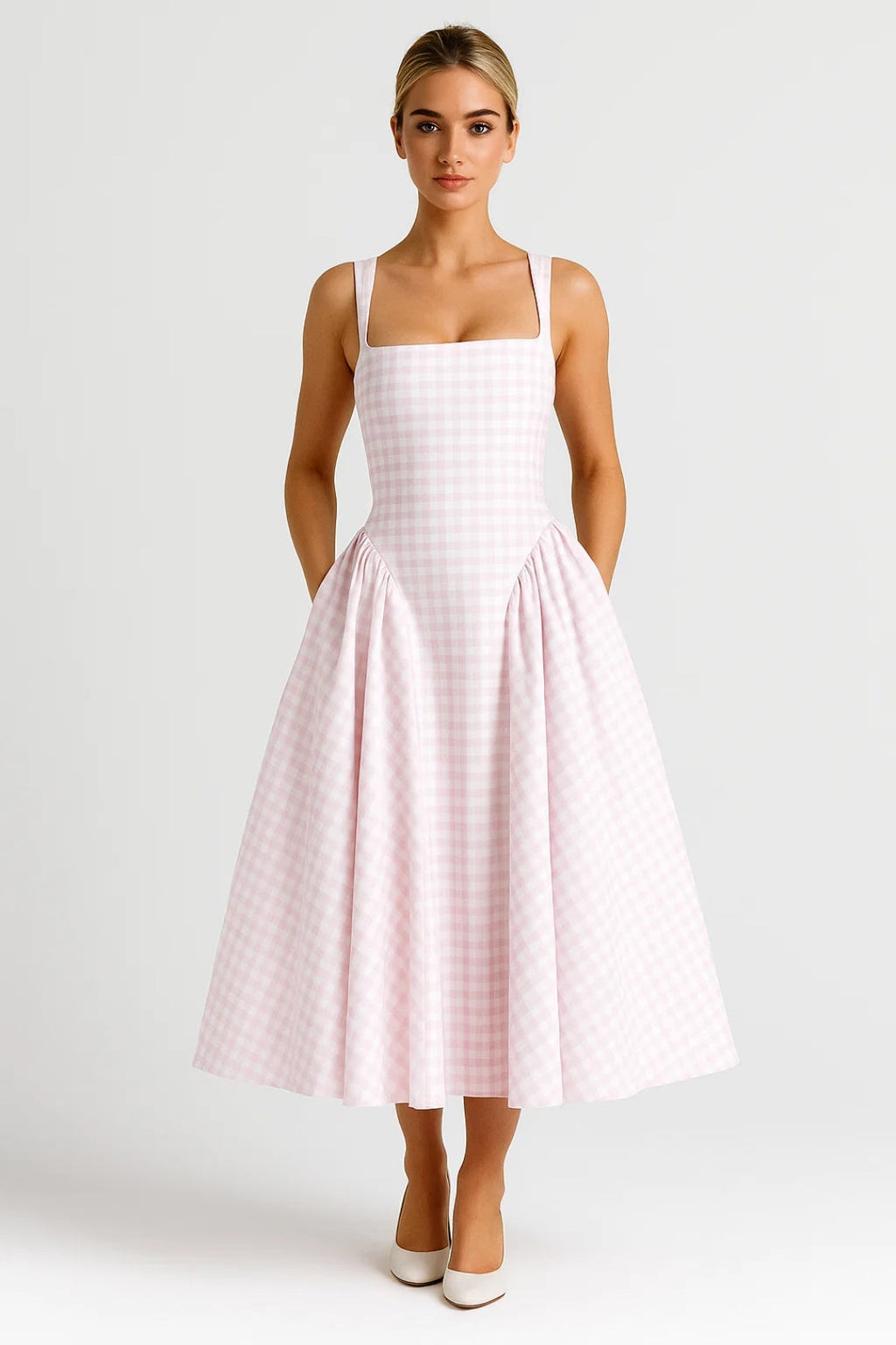 Checkered Square-Neck Midi Dress | Retro Style | Casual Wear for Women
