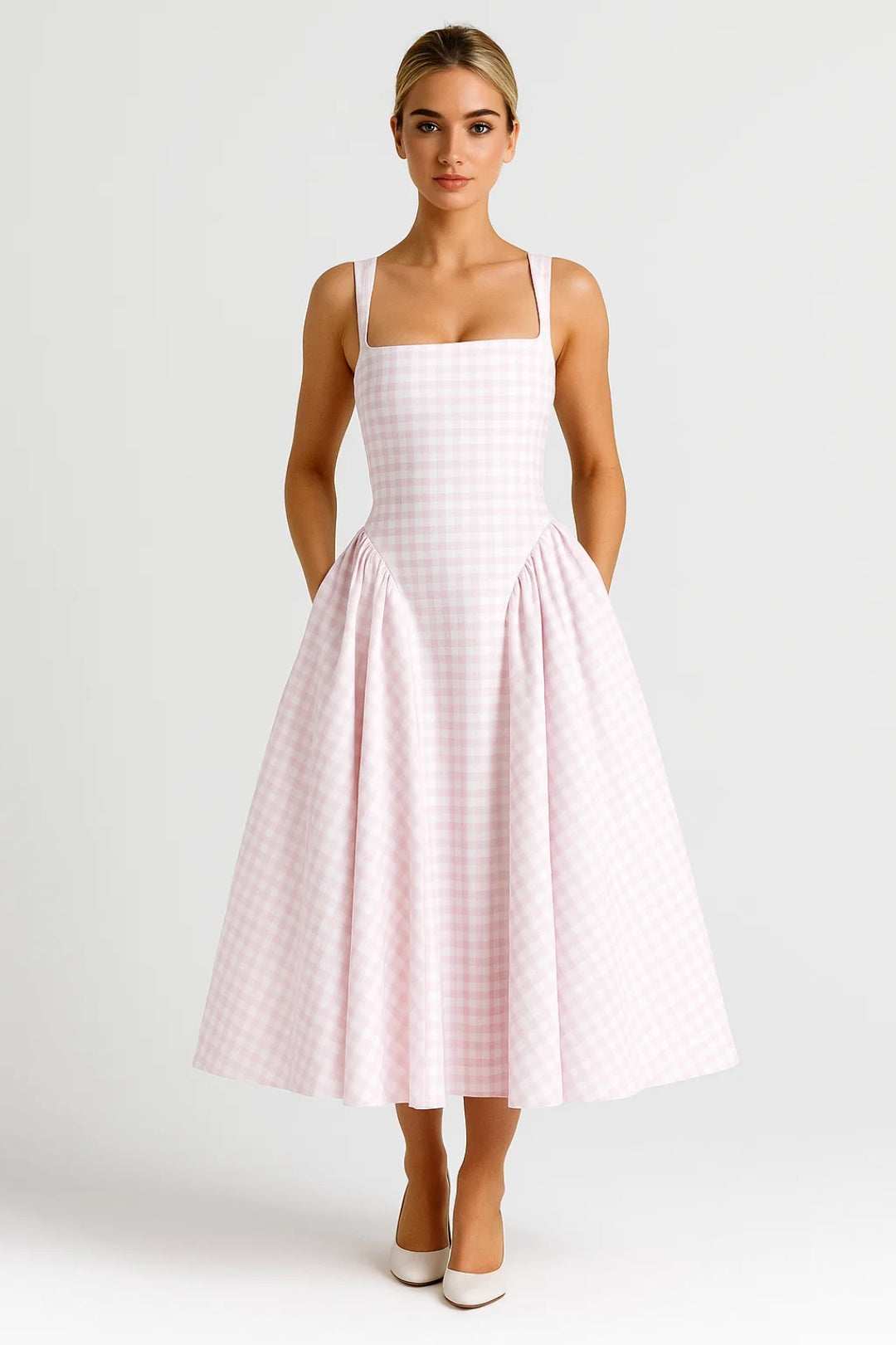 Checkered Square-Neck Midi Dress | Retro Style | Casual Wear for Women