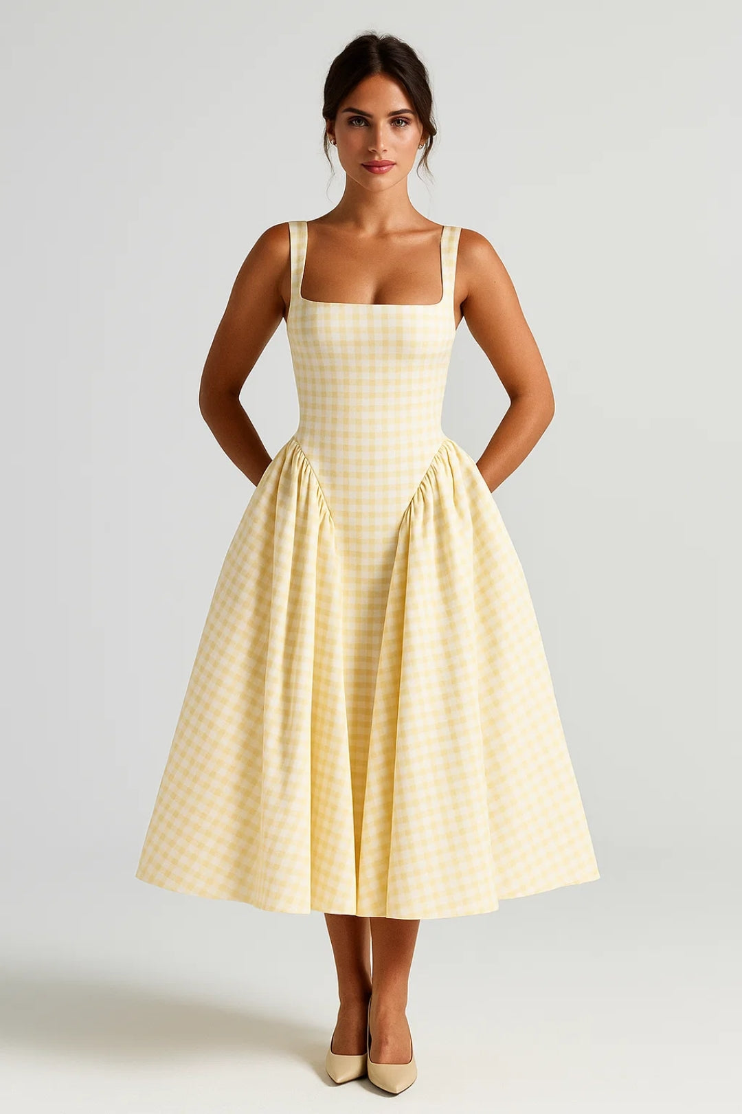 Checkered Square-Neck Midi Dress | Retro Style | Casual Wear for Women