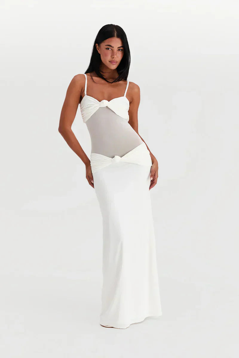 Twist-Knot Mesh Panel Maxi Dress - Elegant Evening Wear for Women