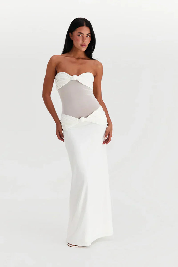 Twist-Knot Mesh Panel Maxi Dress – Elegant Evening Wear