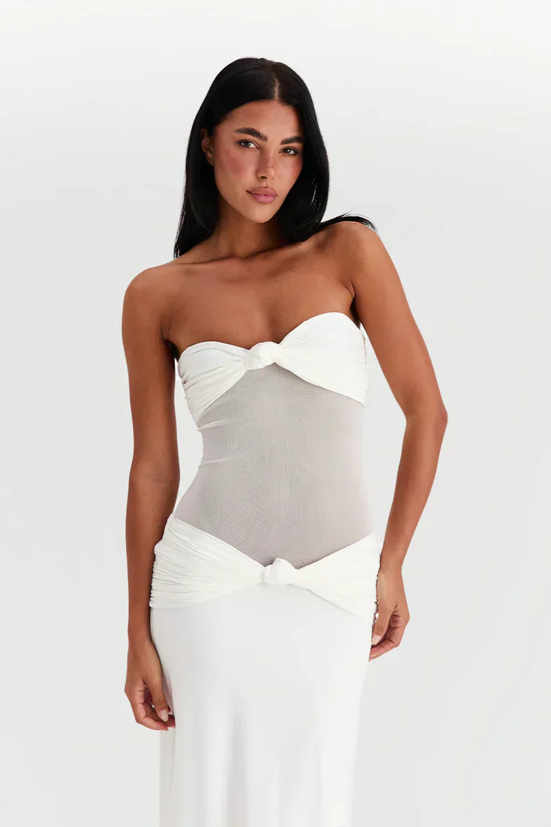 Twist-Knot Mesh Panel Maxi Dress - Elegant Evening Wear for Women