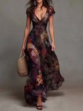 Watercolor Floral Pleated V-Neck Maxi Dress