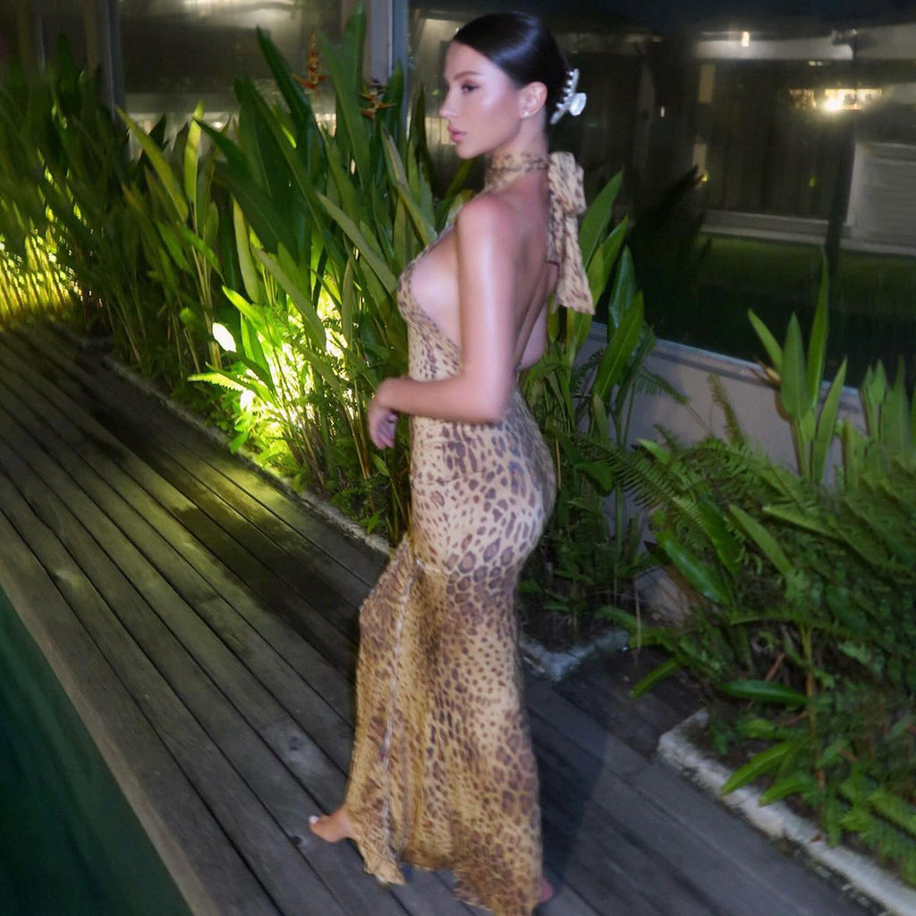 Leopard Print Backless Sleeveless Maxi Dress for Summer Events