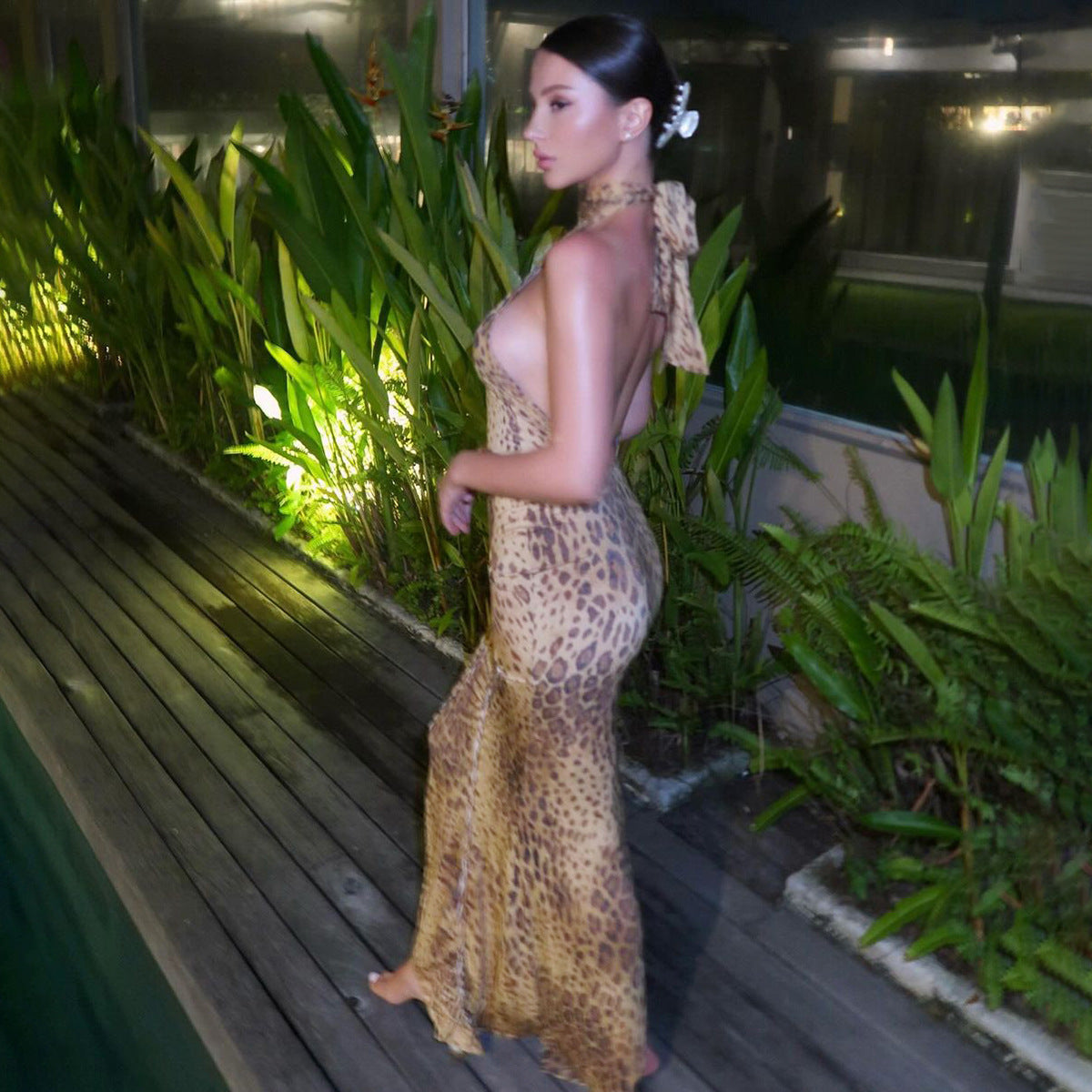 Leopard Print Backless Sleeveless Maxi Dress for Summer Events