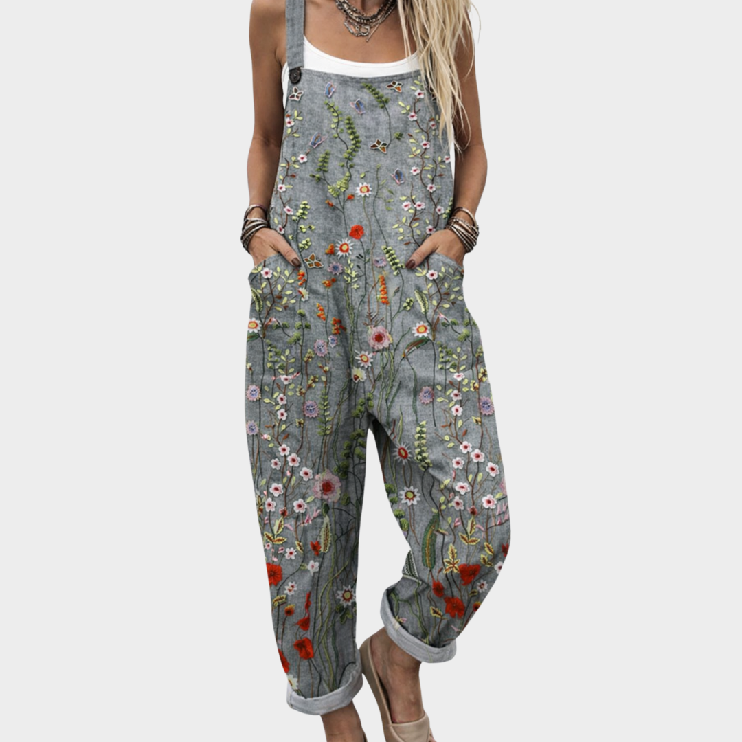 Grey Floral Wide-Leg Dungarees