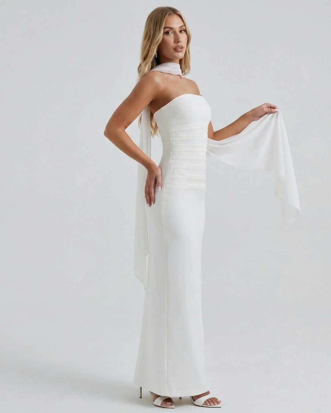 Strapless Maxi Dress with Removable Mesh Scarf - Sculpting Evening Wear