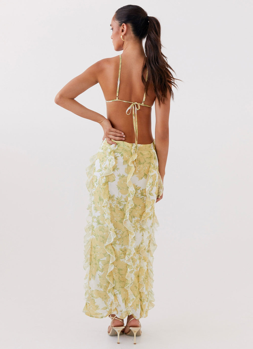Floral Halter Maxi Dress with Side Cut-Outs and Ruffle Detail for Women
