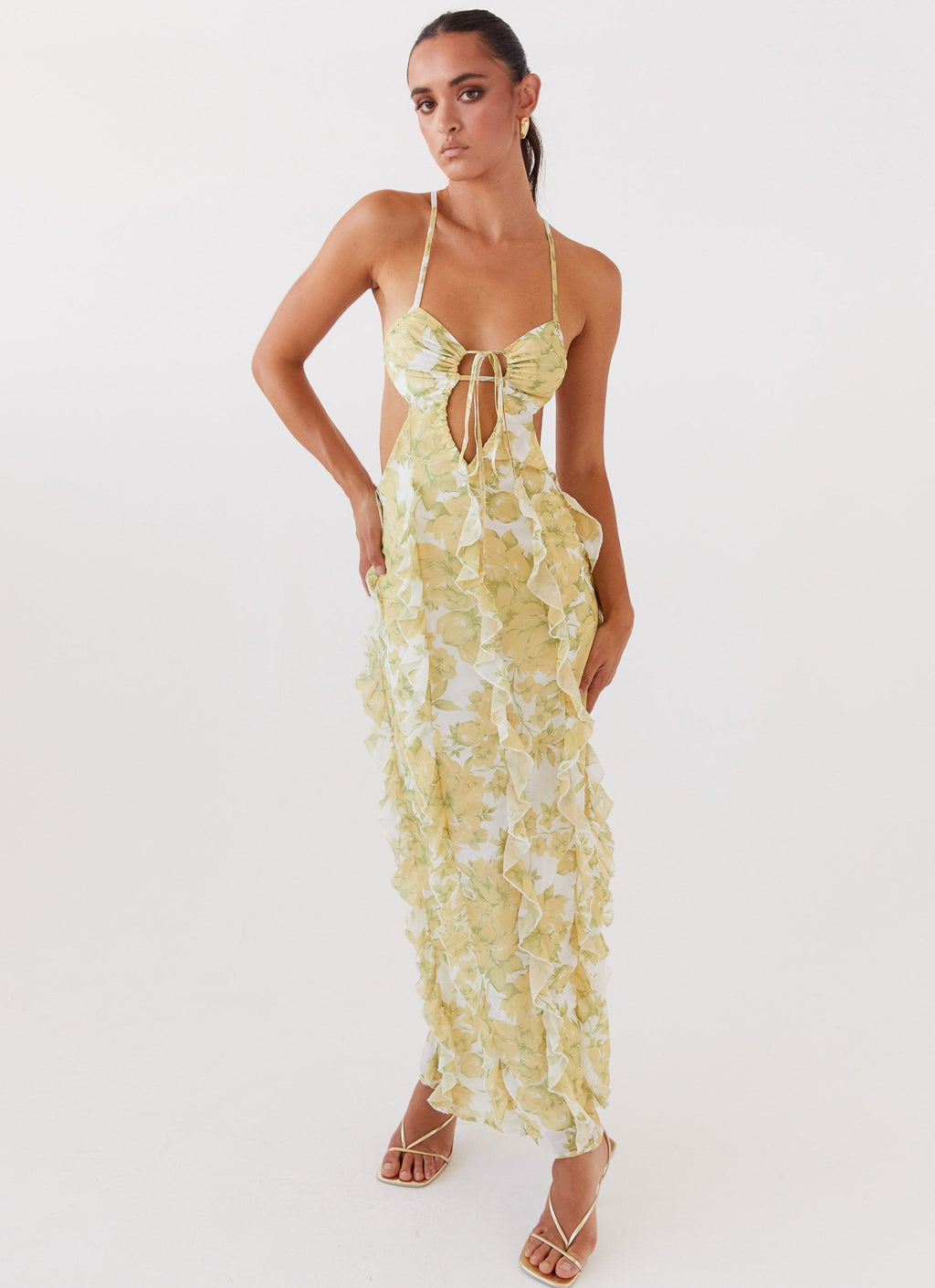 Floral Halter Maxi Dress with Side Cut-Outs and Ruffle Detail for Women