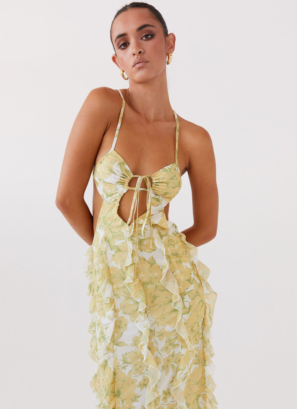 Floral Halter Maxi Dress with Side Cut-Outs and Ruffle Detail for Women