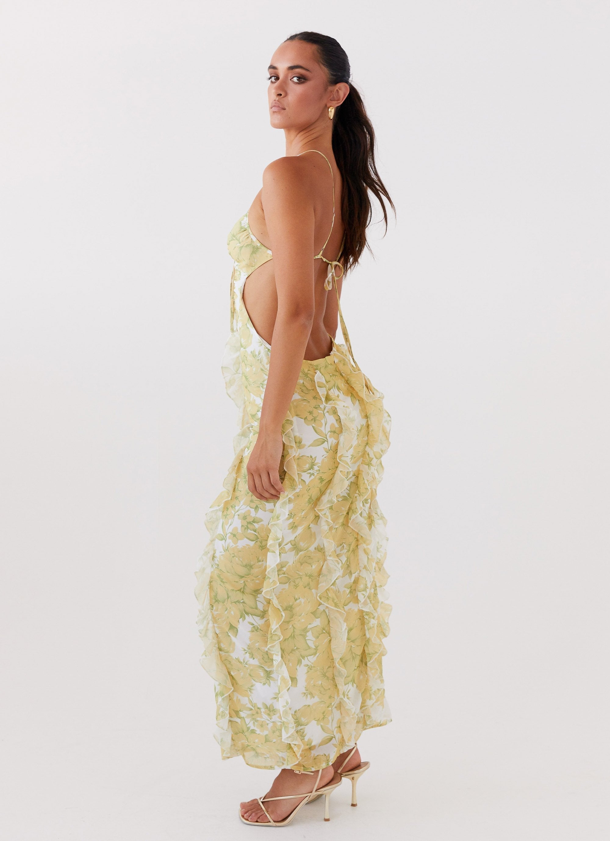 Floral Halter Maxi Dress with Side Cut-Outs and Ruffle Detail for Women