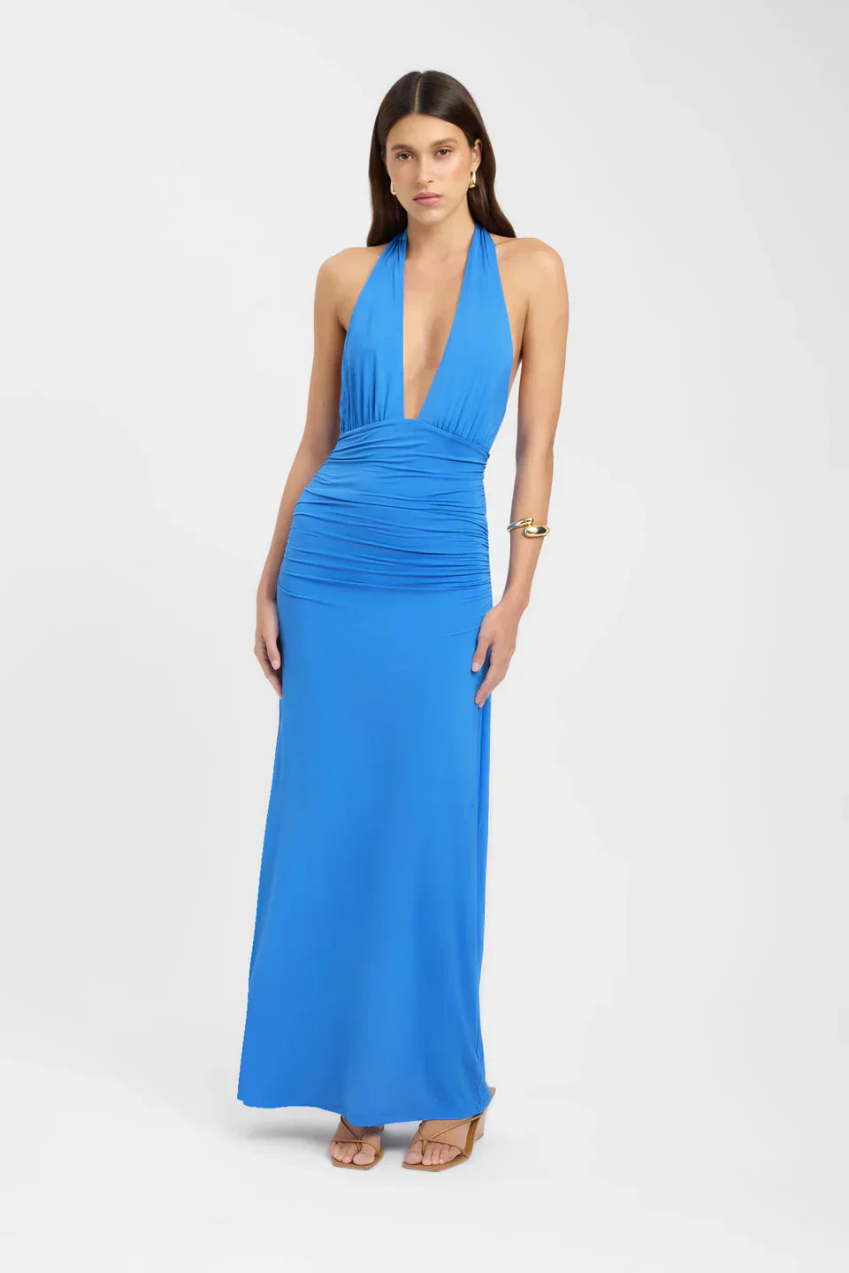 Open Back Ruched Plunging Maxi Dress for Women - Elegant Evening Wear