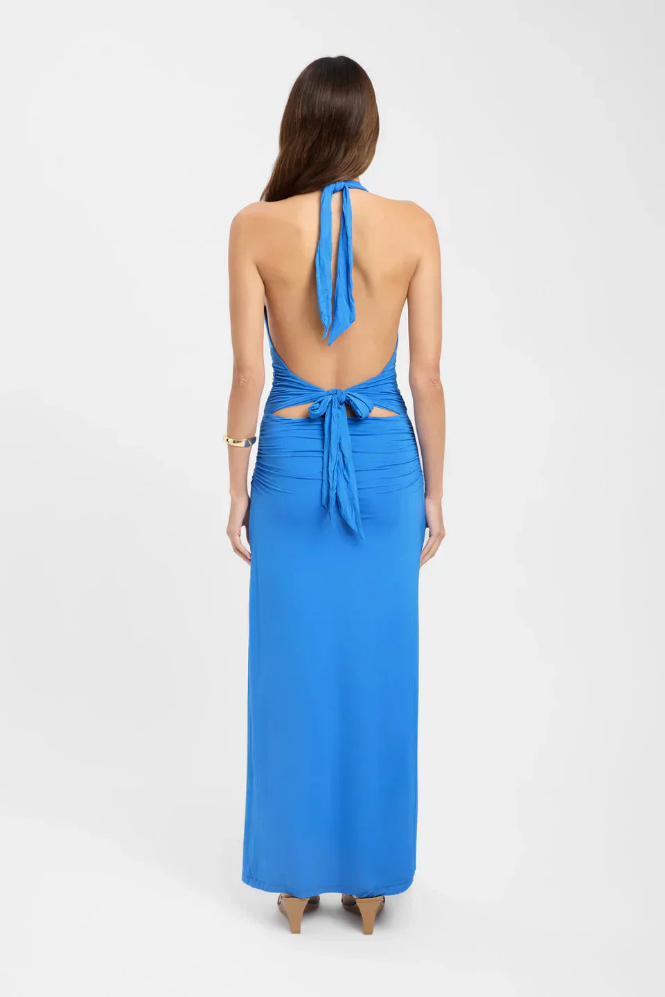 Open Back Ruched Plunging Maxi Dress for Women - Elegant Evening Wear