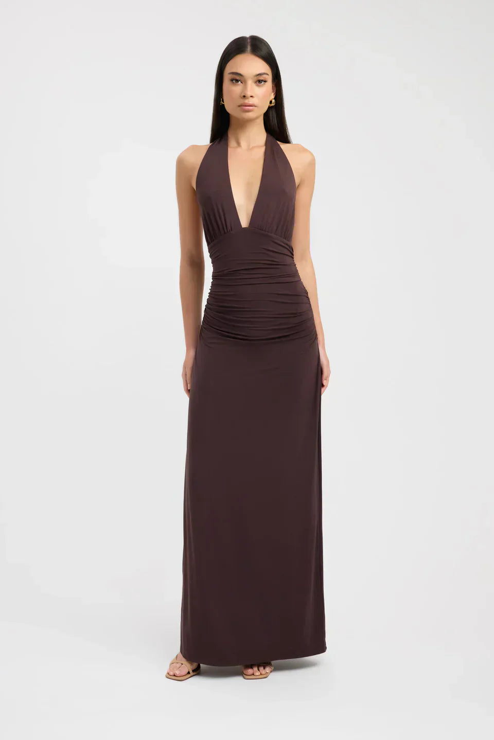 Open Back Ruched Plunging Maxi Dress for Women - Elegant Evening Wear