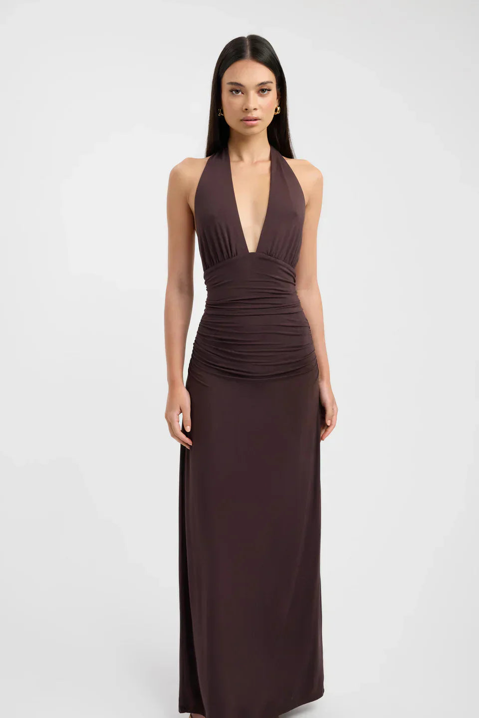 Open Back Ruched Plunging Maxi Dress for Women - Elegant Evening Wear