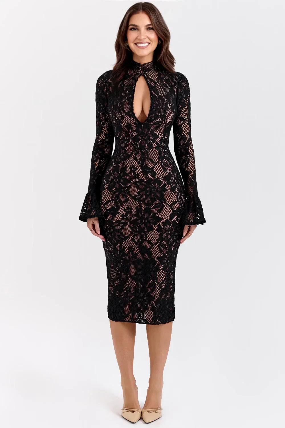 Floral Lace Midi Dress | Knitted Fabric | Elegant Casual Wear