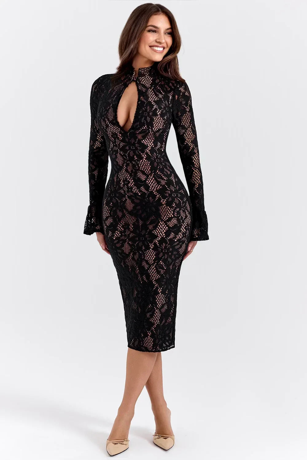 Floral Lace Midi Dress | Knitted Fabric | Elegant Casual Wear