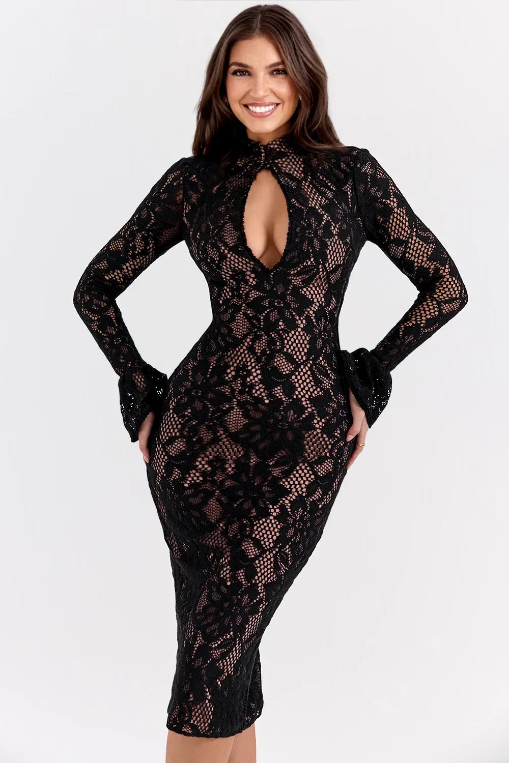 Floral Lace Midi Dress | Knitted Fabric | Elegant Casual Wear