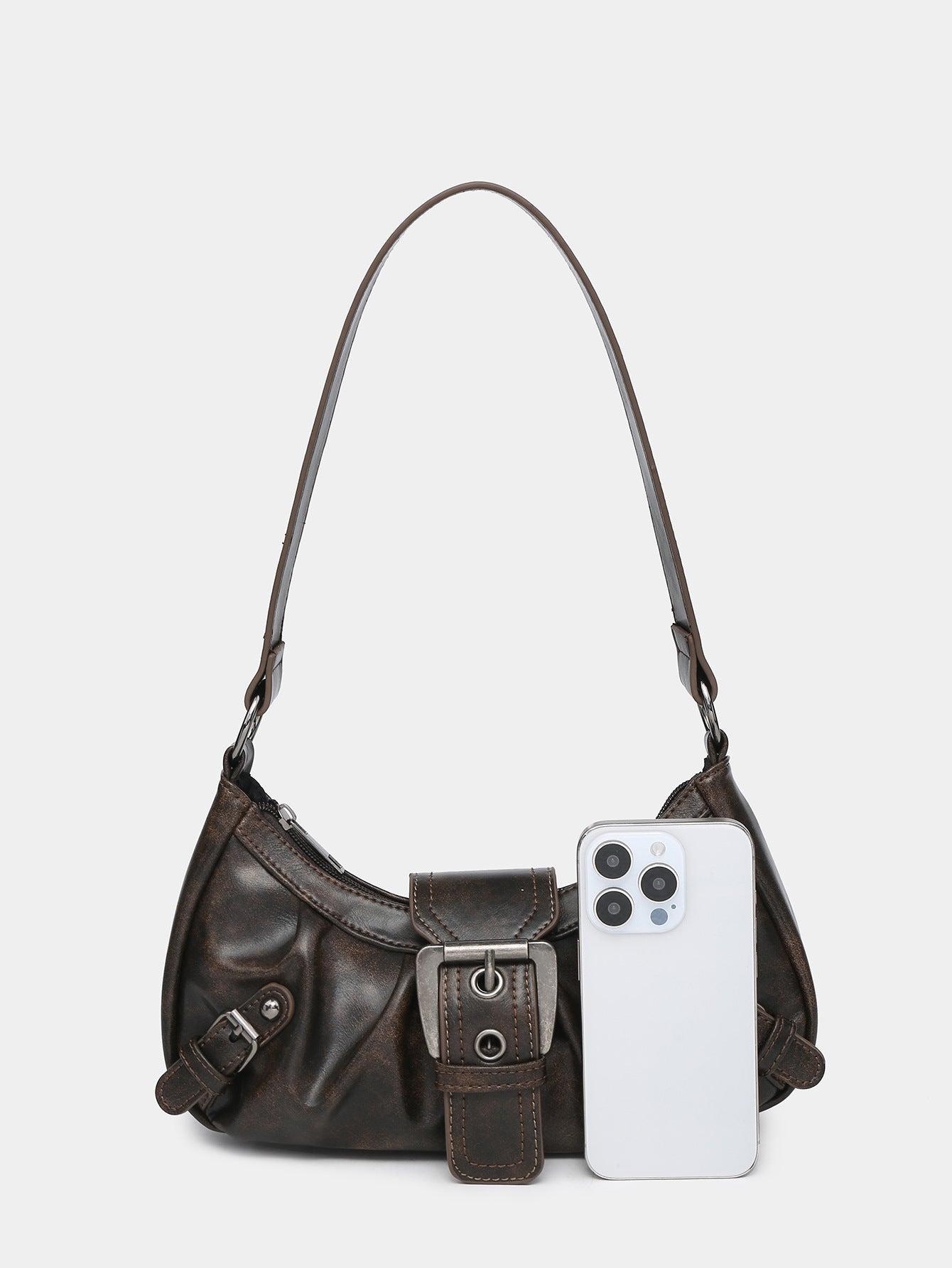 Distressed Faux Leather Hobo Bag with Buckle Detail for Everyday Use