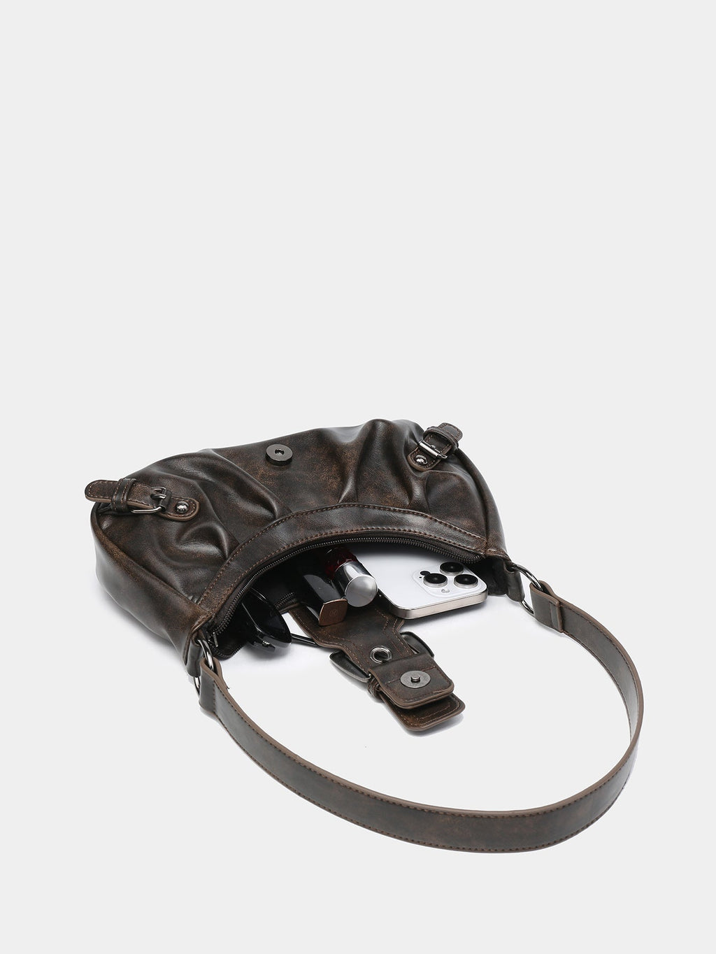 Distressed Faux Leather Hobo Bag with Buckle Detail for Everyday Use