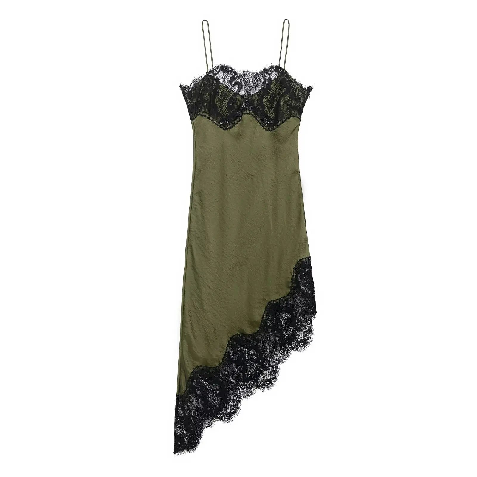 Asymmetric Lace Bustier Satin Midi Dress with Scalloped Hem