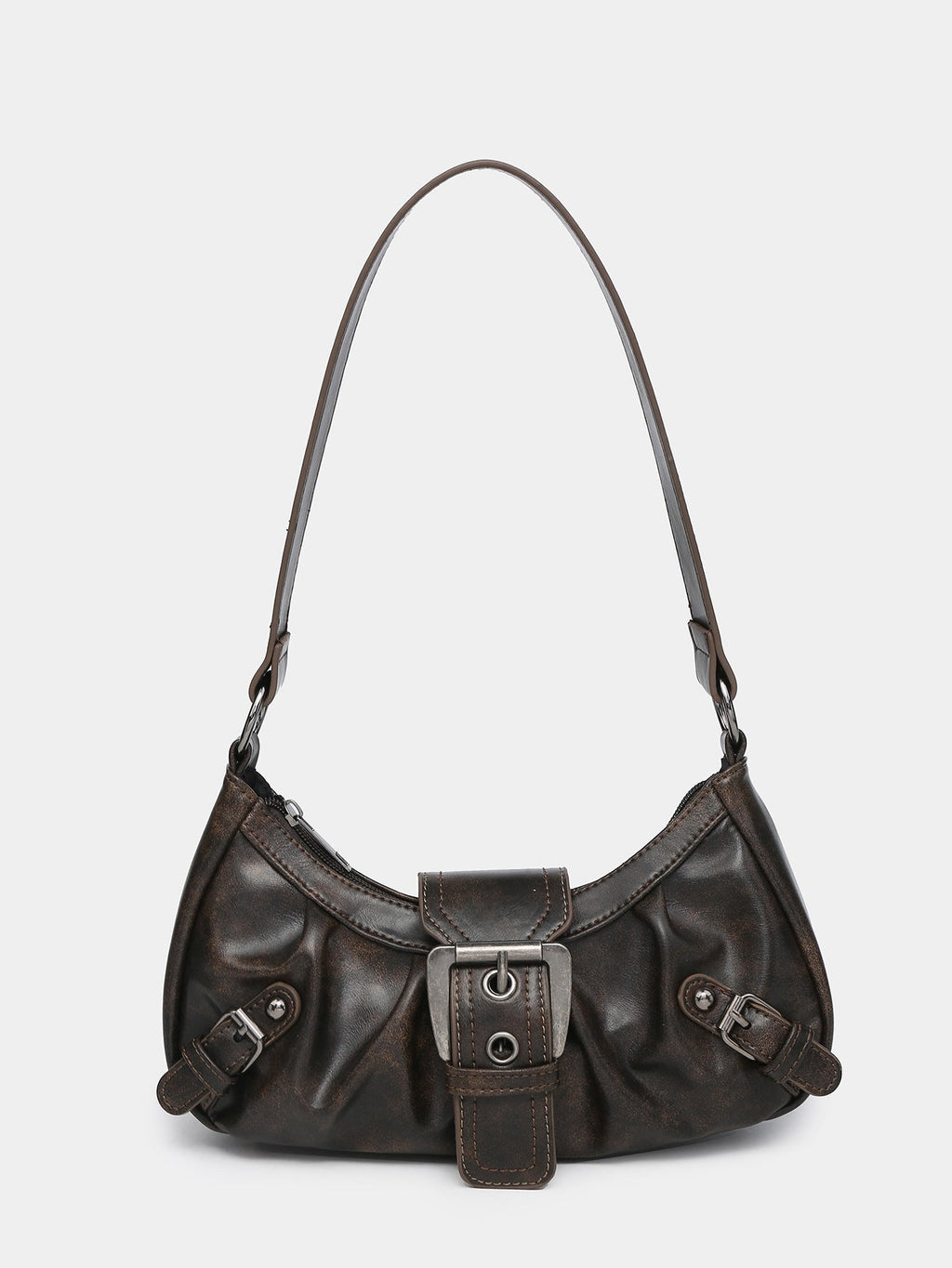 Distressed Faux Leather Hobo Bag with Buckle Detail for Everyday Use