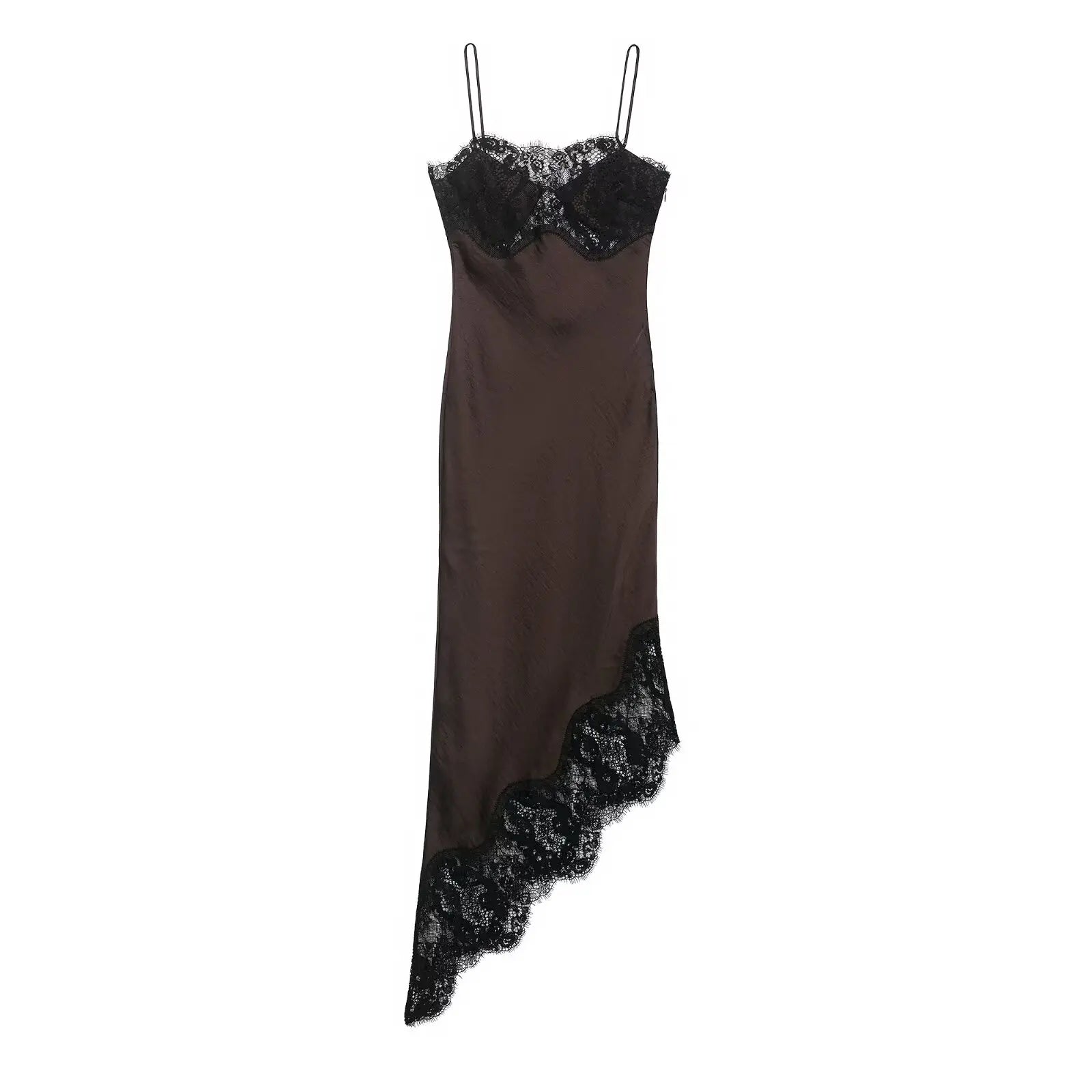 Asymmetric Lace Bustier Satin Midi Dress with Scalloped Hem
