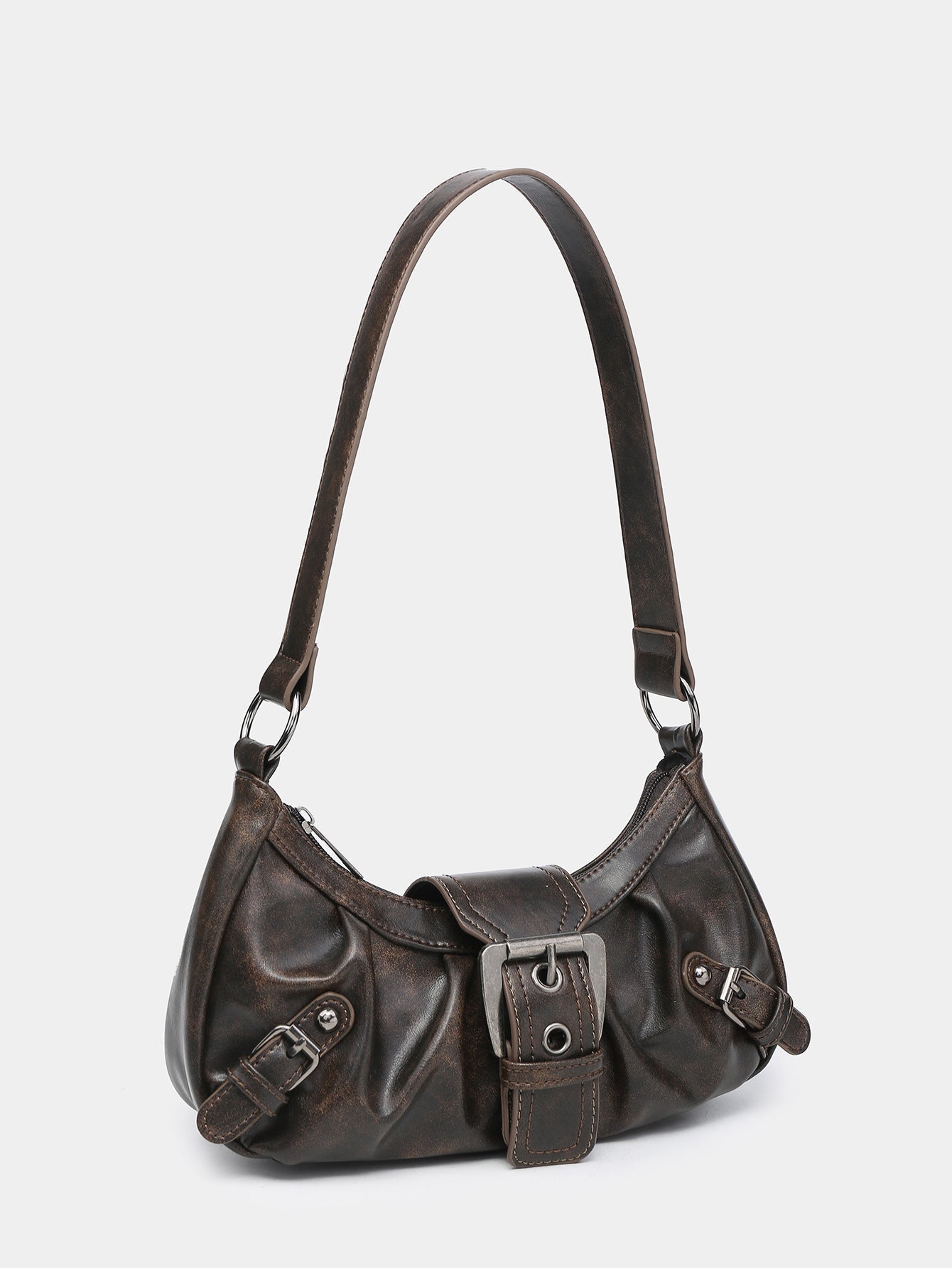 Distressed Faux Leather Hobo Bag with Buckle Detail for Everyday Use