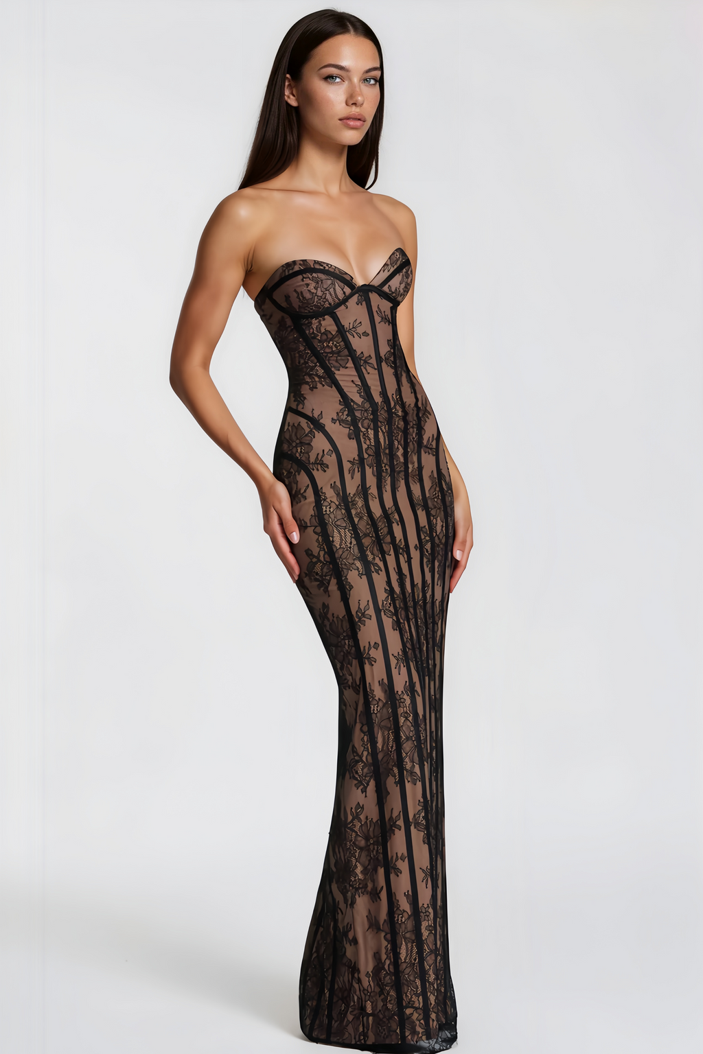 Black Floral Lace Off-Shoulder Maxi Dress for Formal Events and Parties