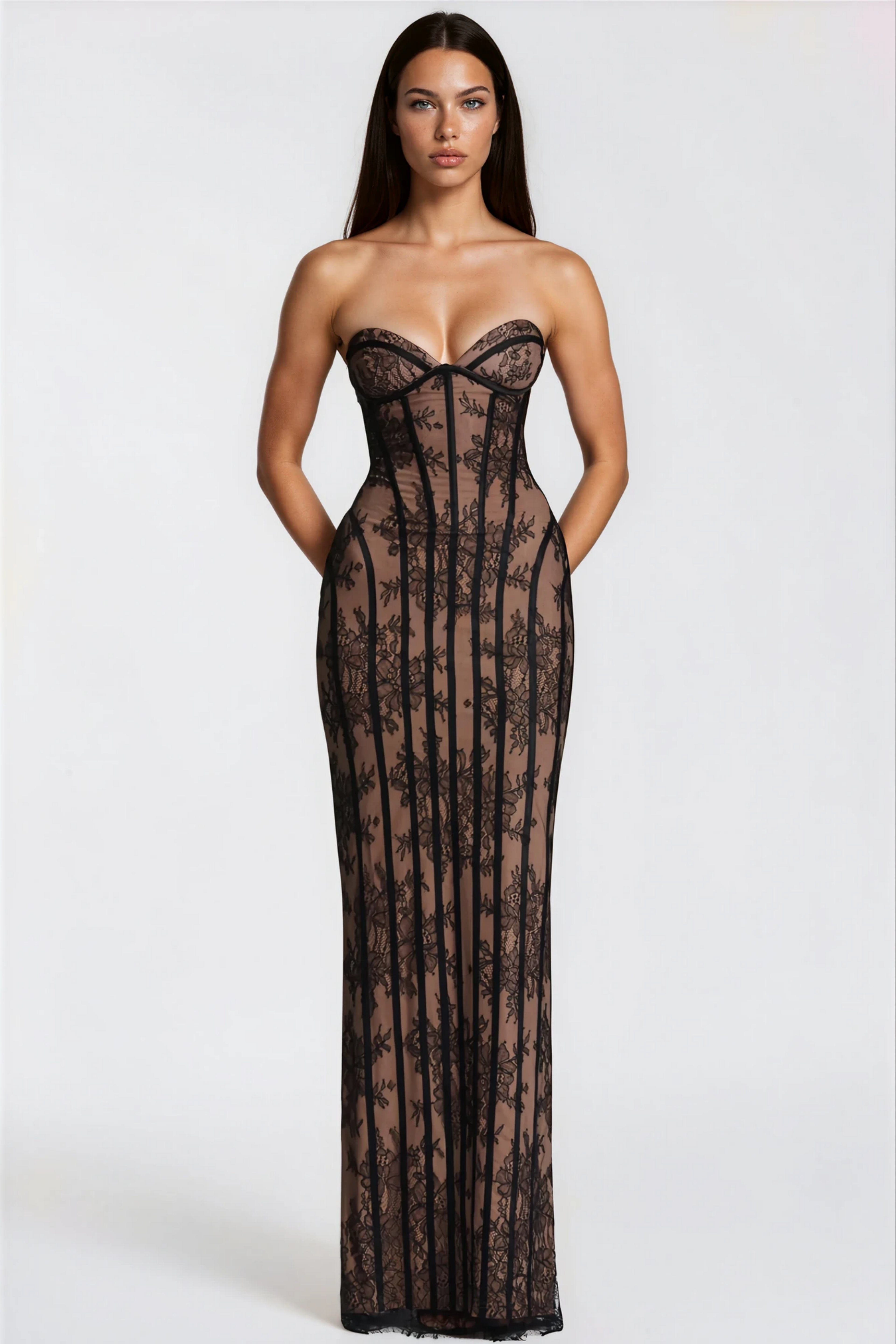Black Floral Lace Off-Shoulder Maxi Dress for Formal Events and Parties