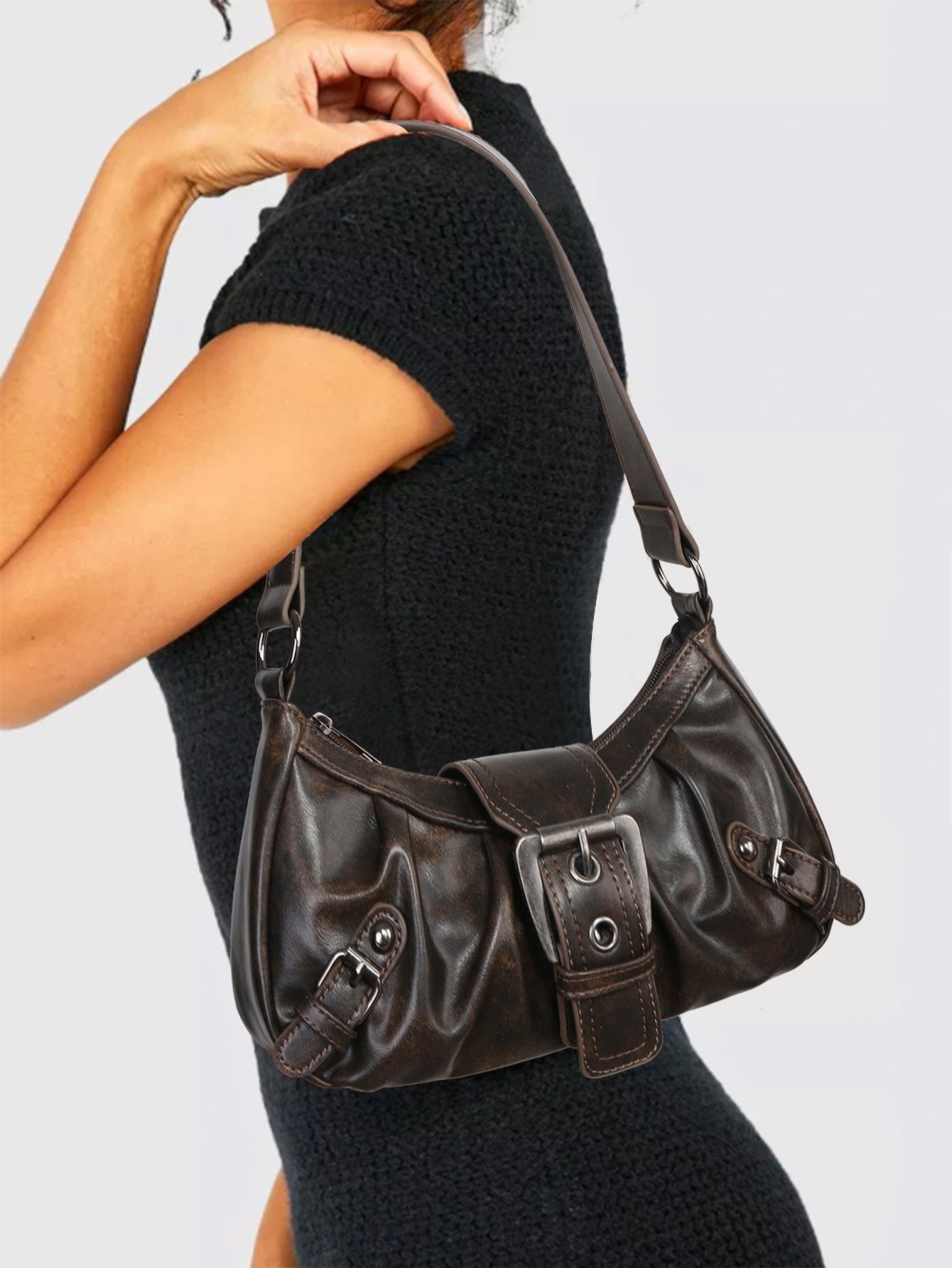 Distressed Faux Leather Hobo Bag with Buckle Detail for Everyday Use