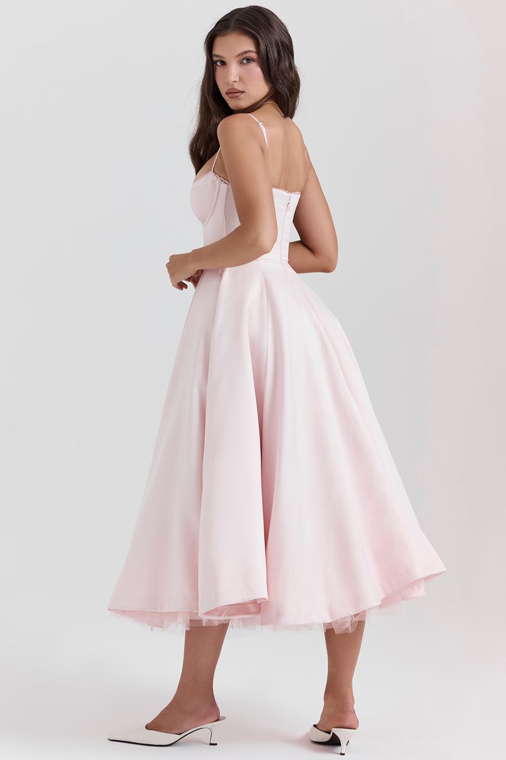 Structured Satin Corset Midi Dress with Luxurious Bodice for Elegant Events