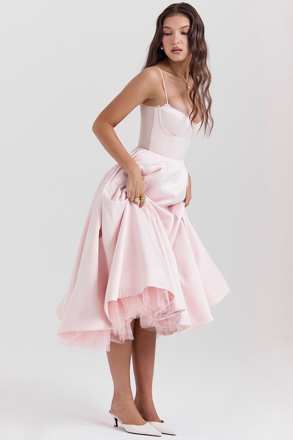 Satin Corset Midi Dress with Structured Bodice for Elegant Occasions
