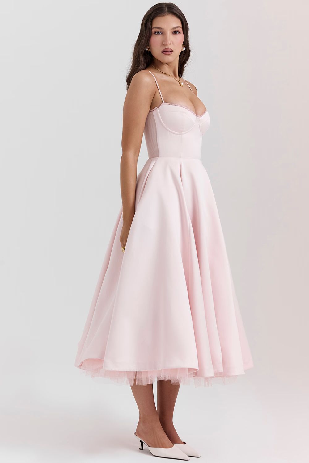 Structured Satin Corset Midi Dress with Luxurious Bodice for Elegant Events