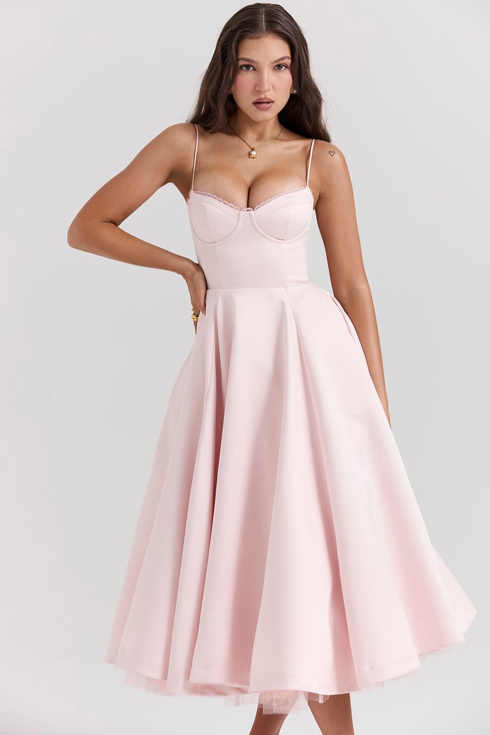 Structured Satin Corset Midi Dress with Luxurious Bodice for Elegant Events