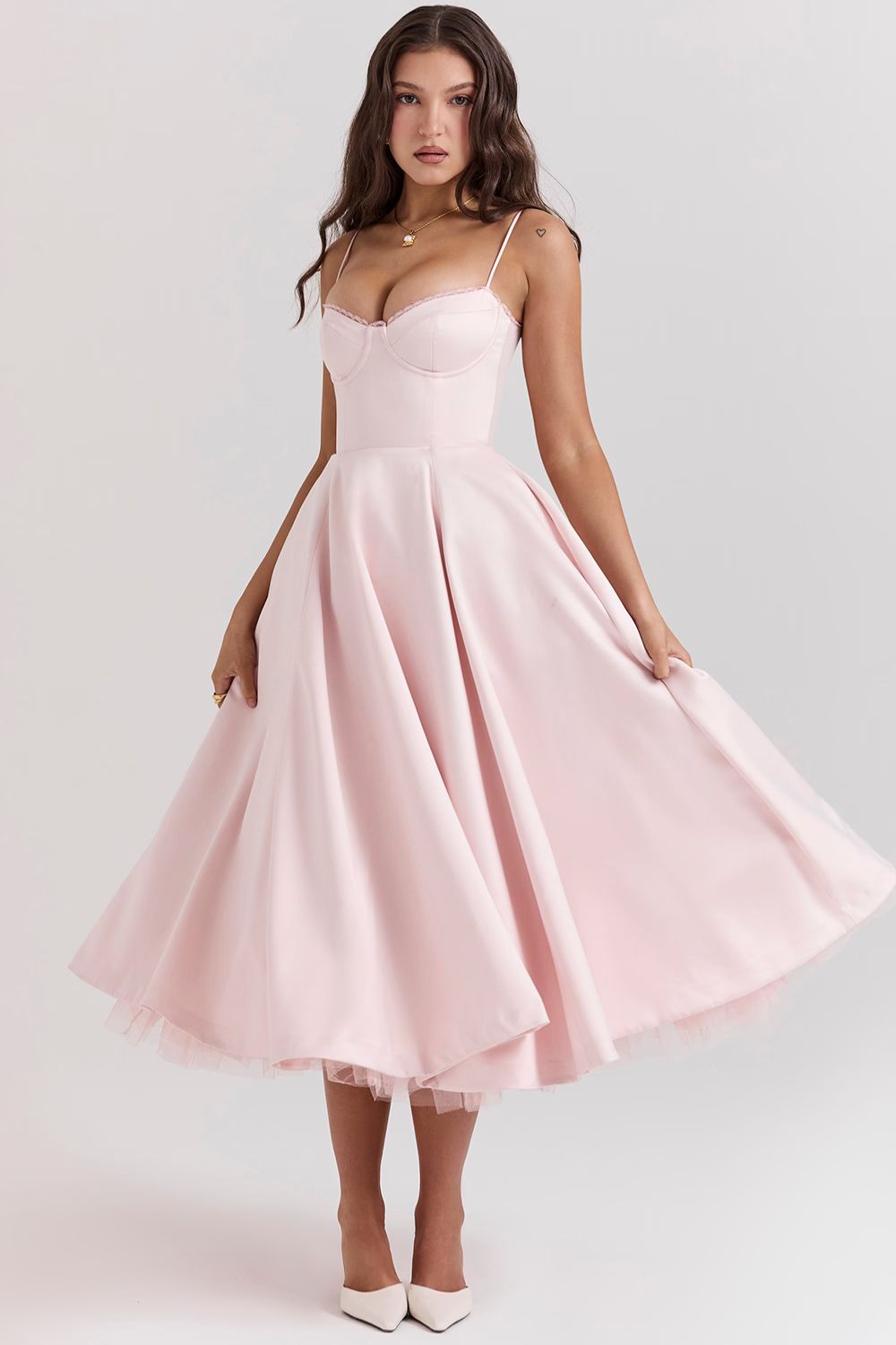 Structured Satin Corset Midi Dress with Luxurious Bodice for Elegant Events