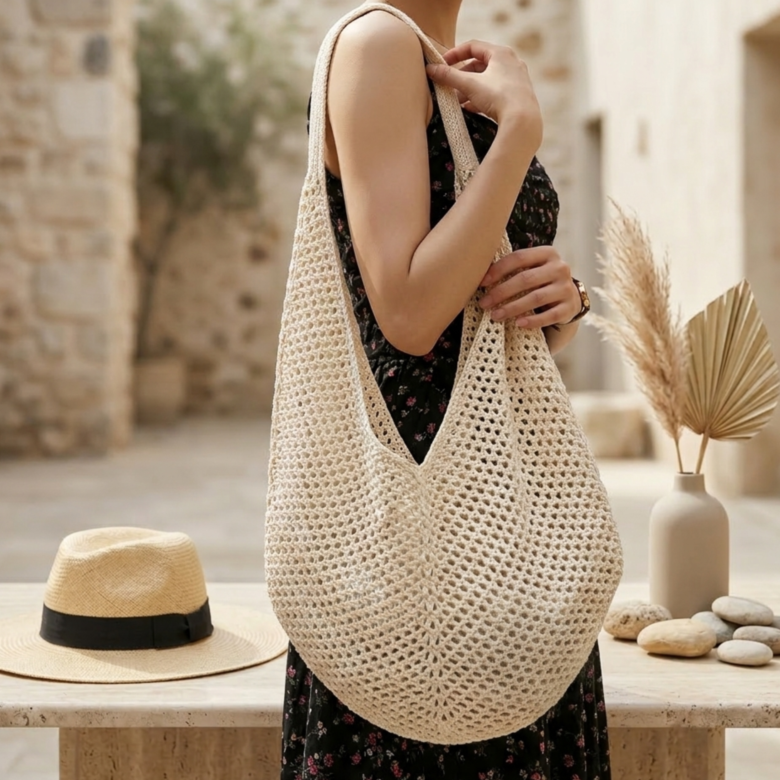 Hollow-Out Knitted Tote Bag - Sustainable Material - Eco-Friendly Fashion Accessory
