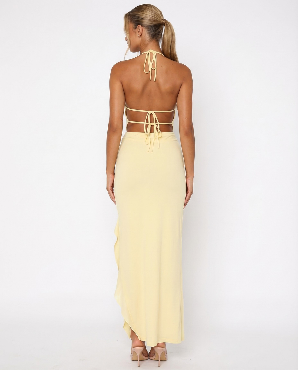Backless Maxi Dress with Ruffle Trim - Plunging Neckline for Evening Wear